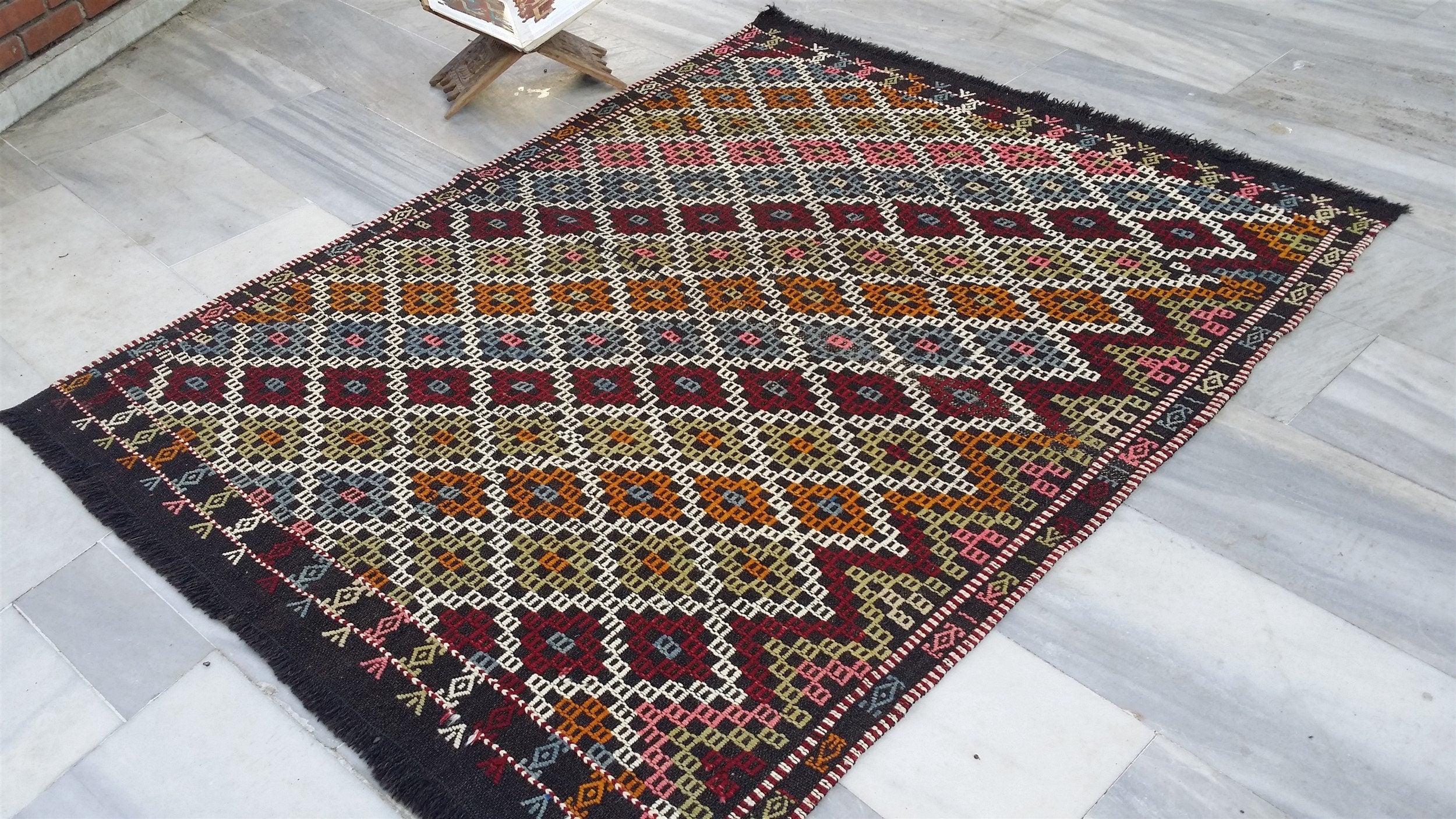 Brown Turkish Kilim Rug, 4 x 6 ft Red Blue & White Turkish Cicim Embroidery on Turkish Kilim, Boho Rustic Natural Wool Handmade Persian Rug