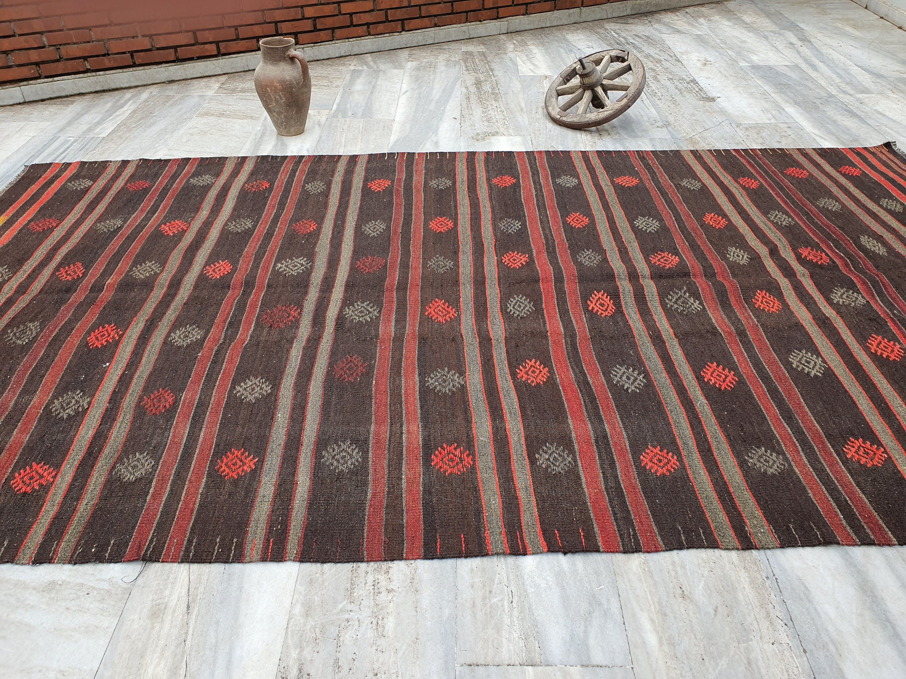 Turkish Kilim Floor Rug 11 x 6 ft X Long Brown and Orange Striped Embroidered Cicim for Lounge Kitchen Bedroom, Boho Rustic Persian Area Rug