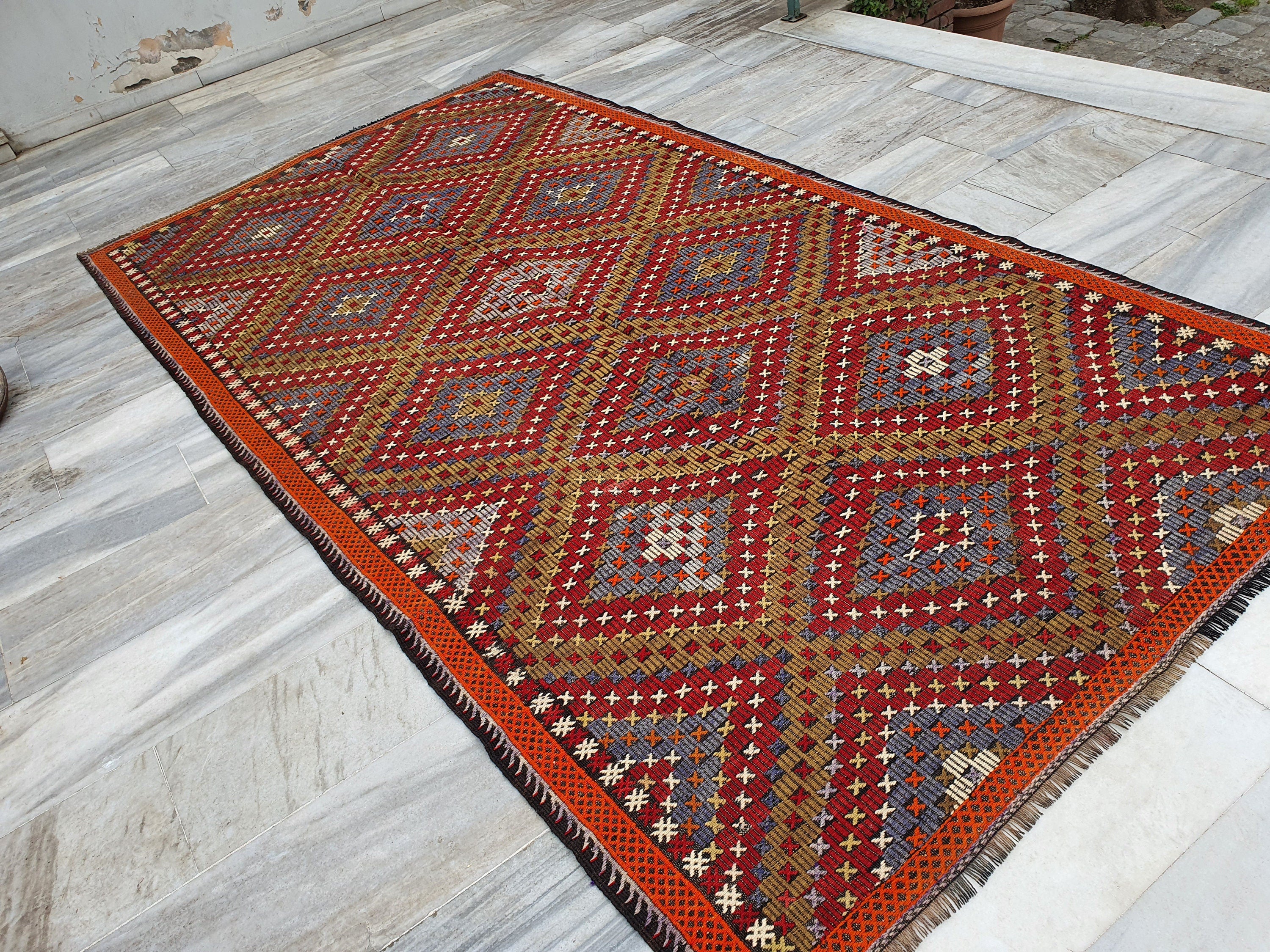 Brown Turkish Kilim Rug, 10 x6 ft Red Blue & White Turkish Cicim Embroidery on Turkish Kilim, Boho Rustic Natural Wool Handmade Persian Rug
