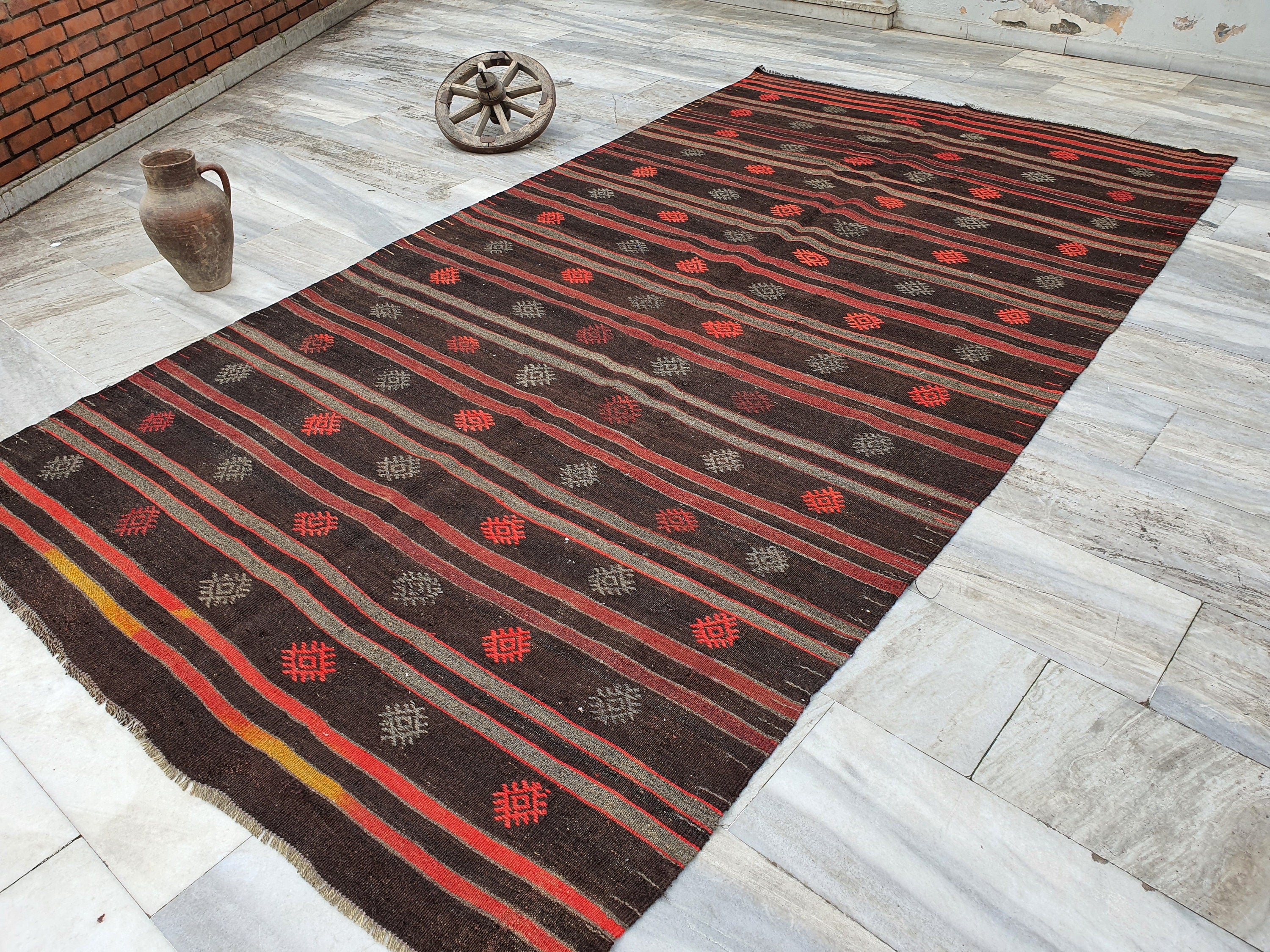 Turkish Kilim Floor Rug 11 x 6 ft X Long Brown and Orange Striped Embroidered Cicim for Lounge Kitchen Bedroom, Boho Rustic Persian Area Rug