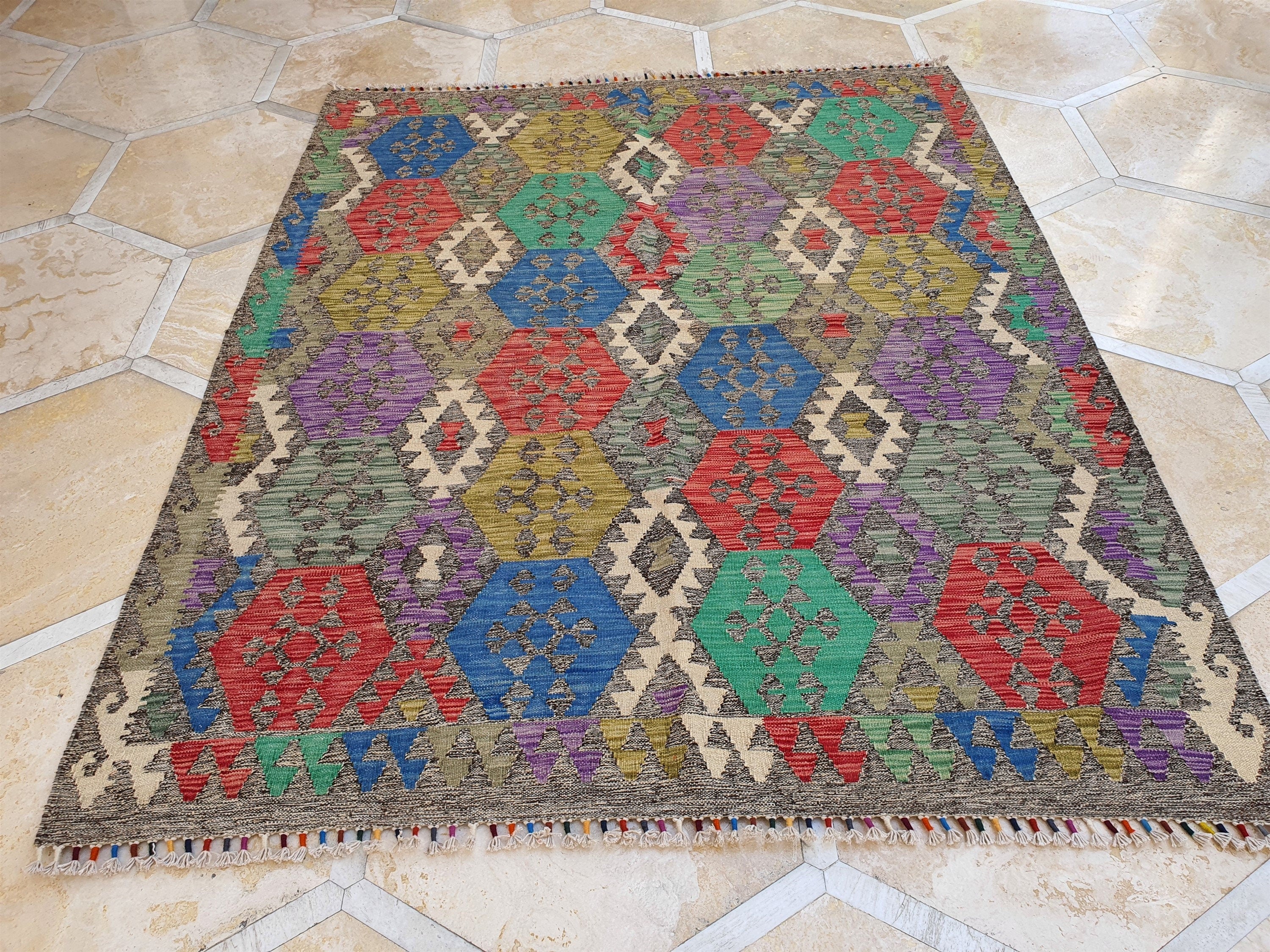 Alfombra vintage afgana Kilim, alfombra turca, alfombra marroquí, alfombra bohemia de decoración rústica, alfombra persa hecha a mano, alfombra de piso reciclada de 6'3" x 5'1"