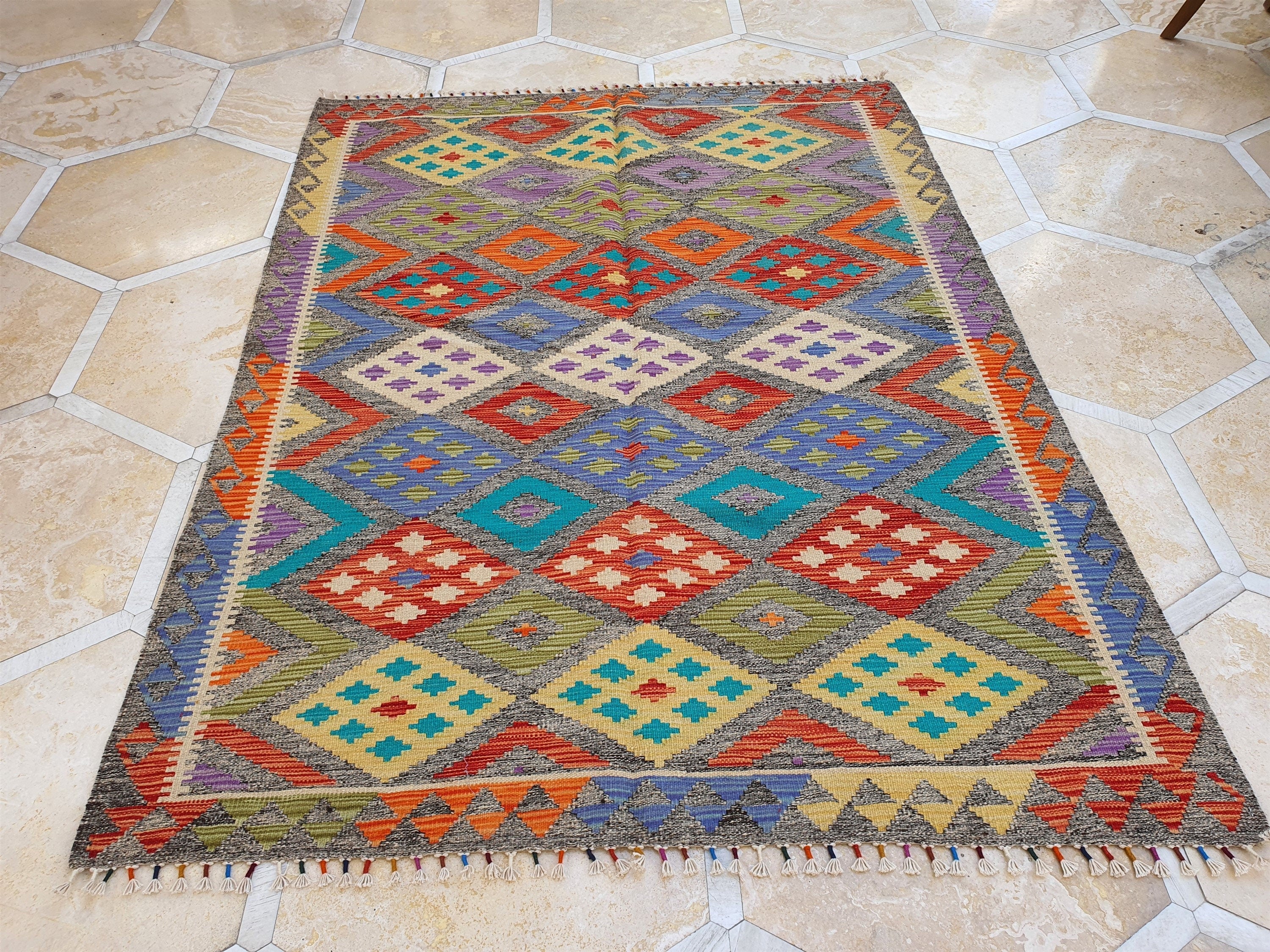 Afghan Maimana Kilim Rug, 6 x 4 ft Blue Red Beige Turkish Southwest Aztec Design Decorative Rug