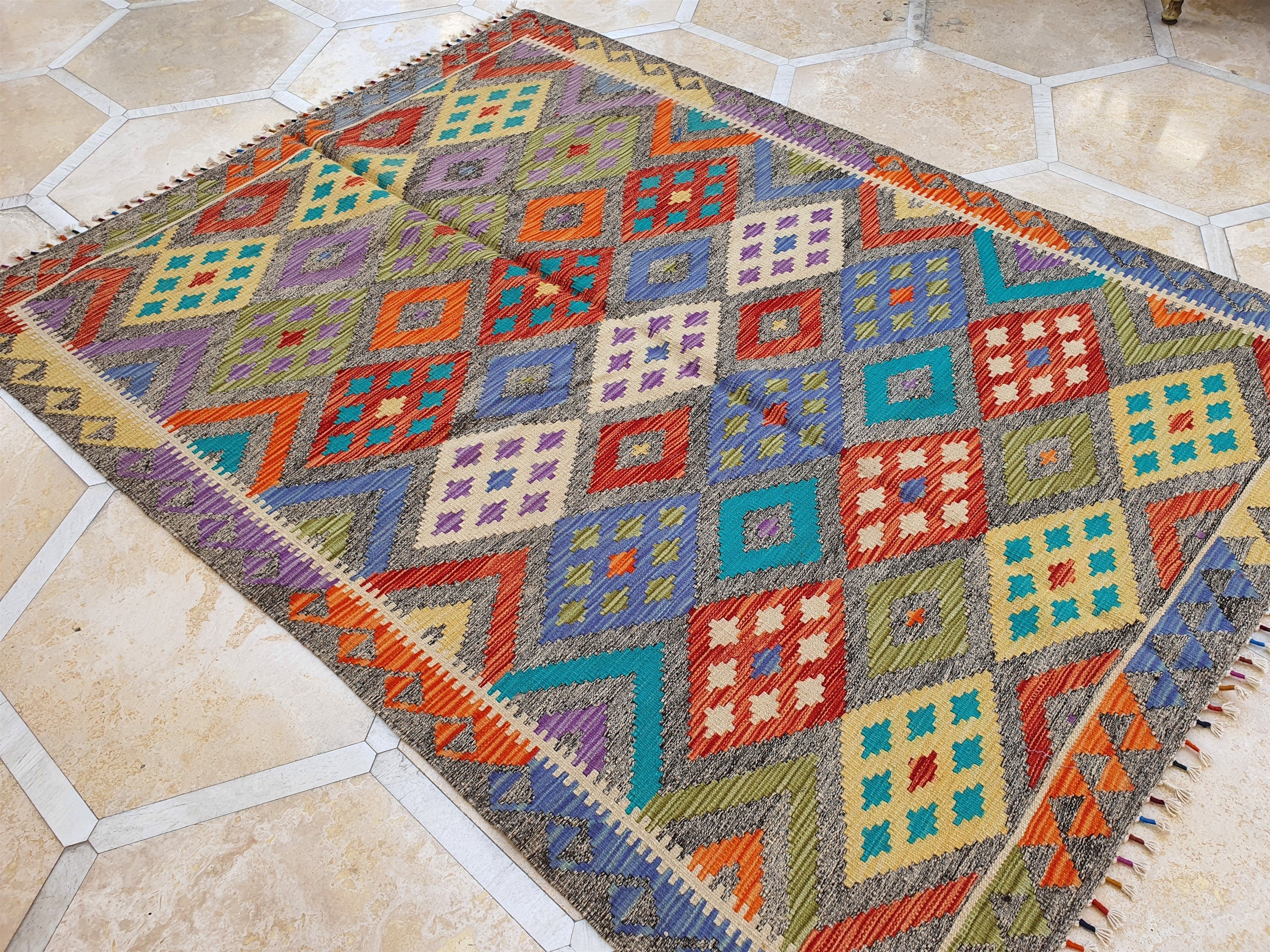 Afghan Maimana Kilim Rug, 6 x 4 ft Blue Red Beige Turkish Southwest Aztec Design Decorative Rug