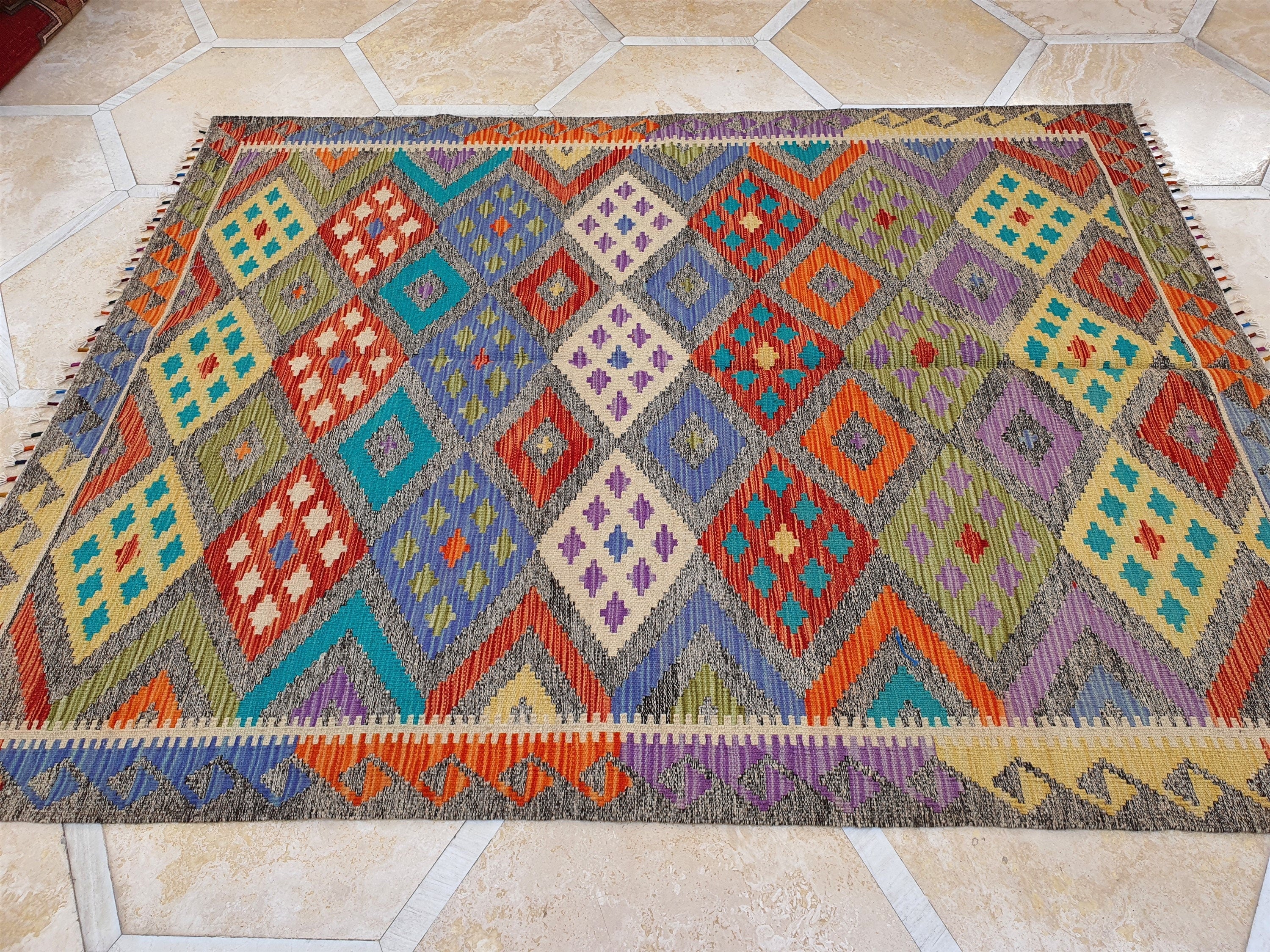 Afghan Maimana Kilim Rug, 6 x 4 ft Blue Red Beige Turkish Southwest Aztec Design Decorative Rug