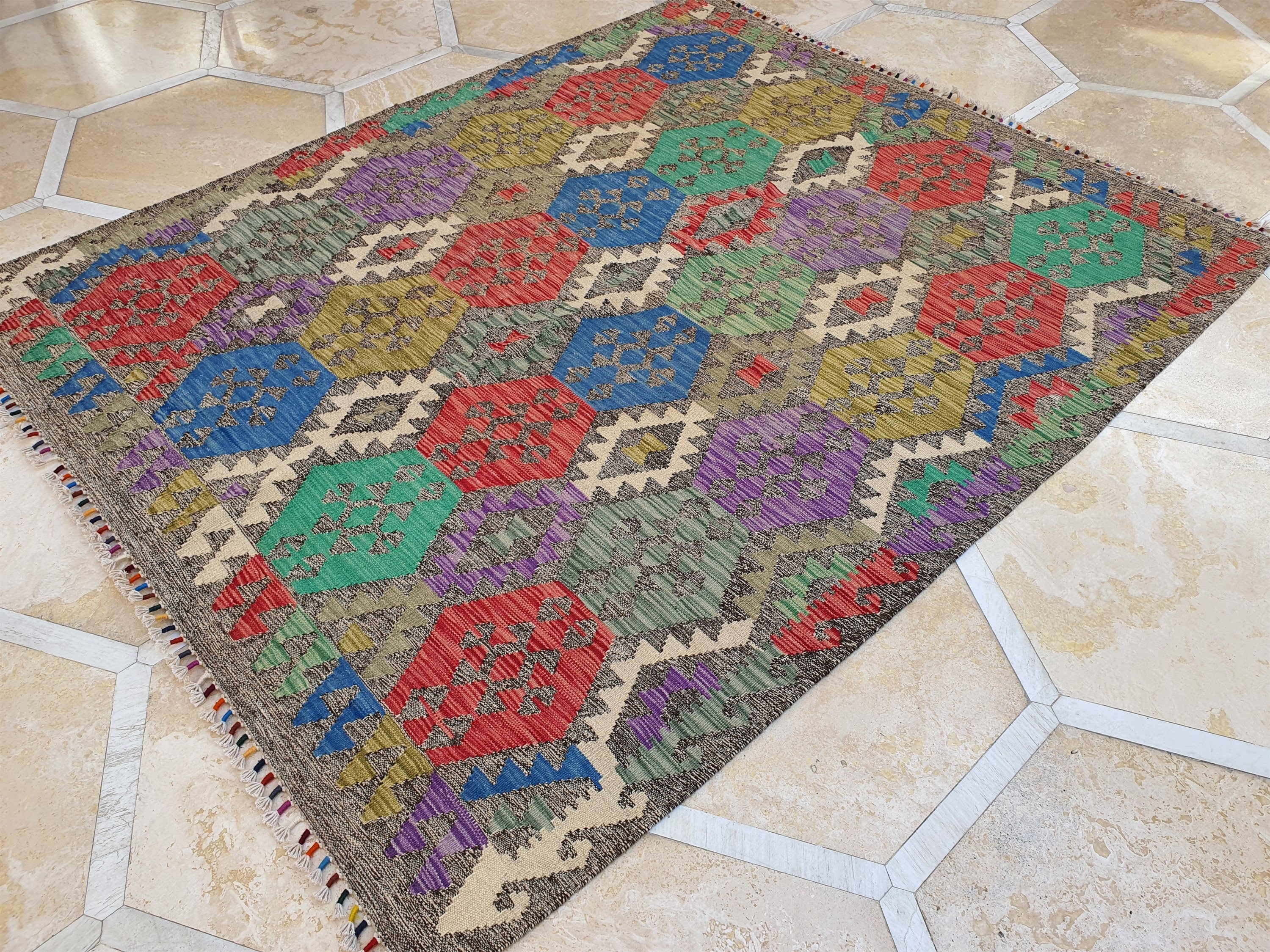 Alfombra vintage afgana Kilim, alfombra turca, alfombra marroquí, alfombra bohemia de decoración rústica, alfombra persa hecha a mano, alfombra de piso reciclada de 6'3" x 5'1"