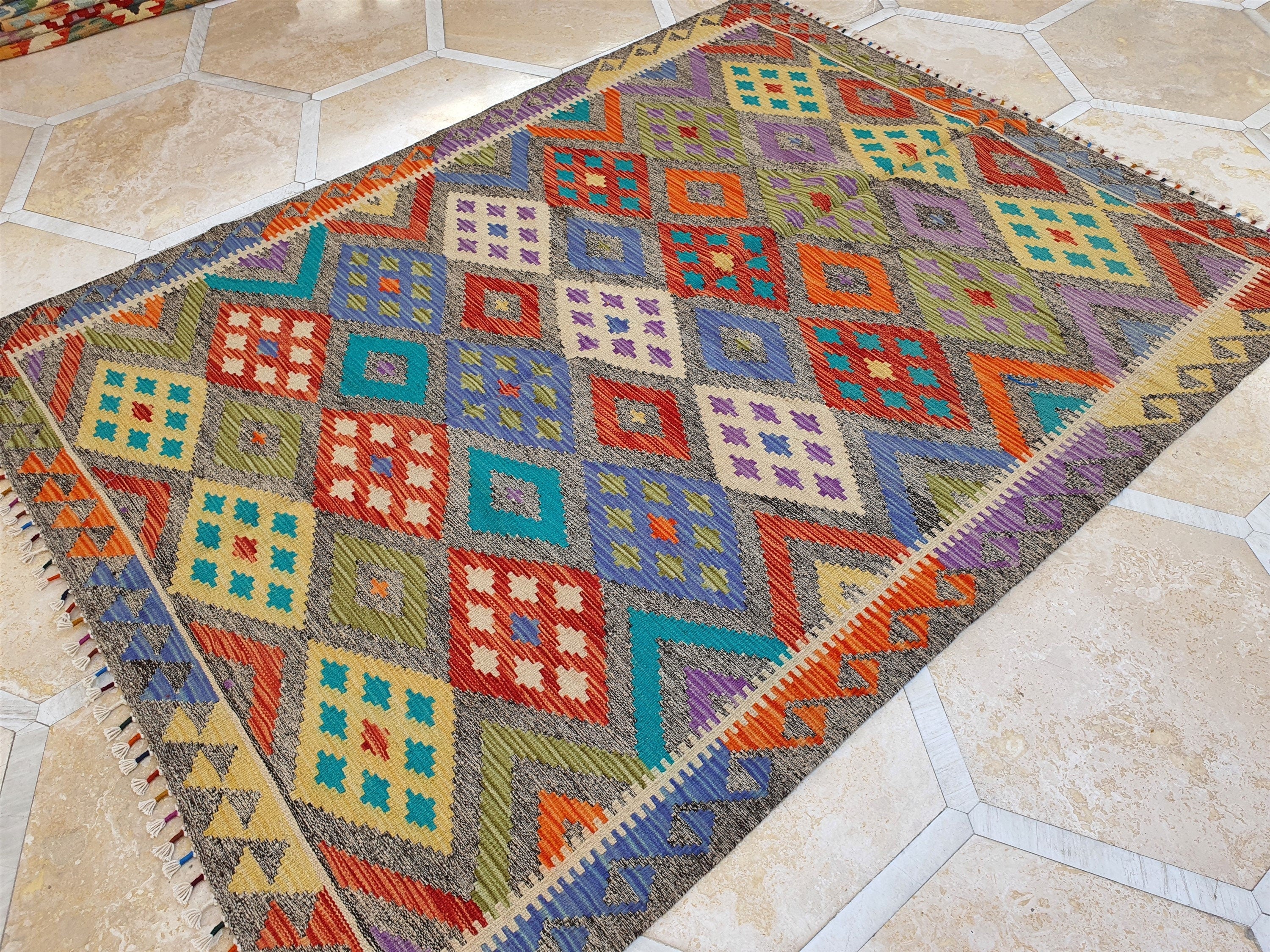 Afghan Maimana Kilim Rug, 6 x 4 ft Blue Red Beige Turkish Southwest Aztec Design Decorative Rug
