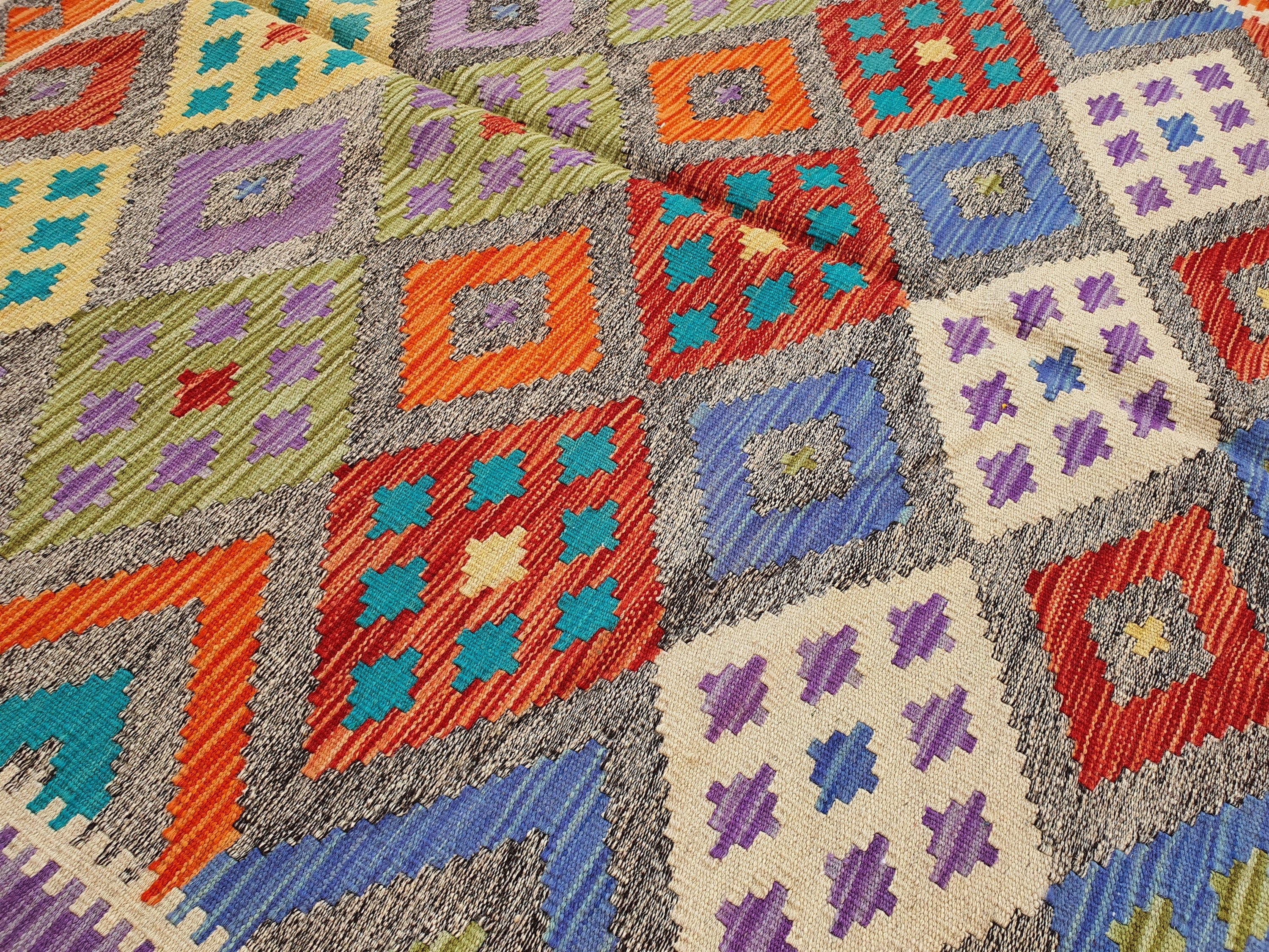 Afghan Maimana Kilim Rug, 6 x 4 ft Blue Red Beige Turkish Southwest Aztec Design Decorative Rug