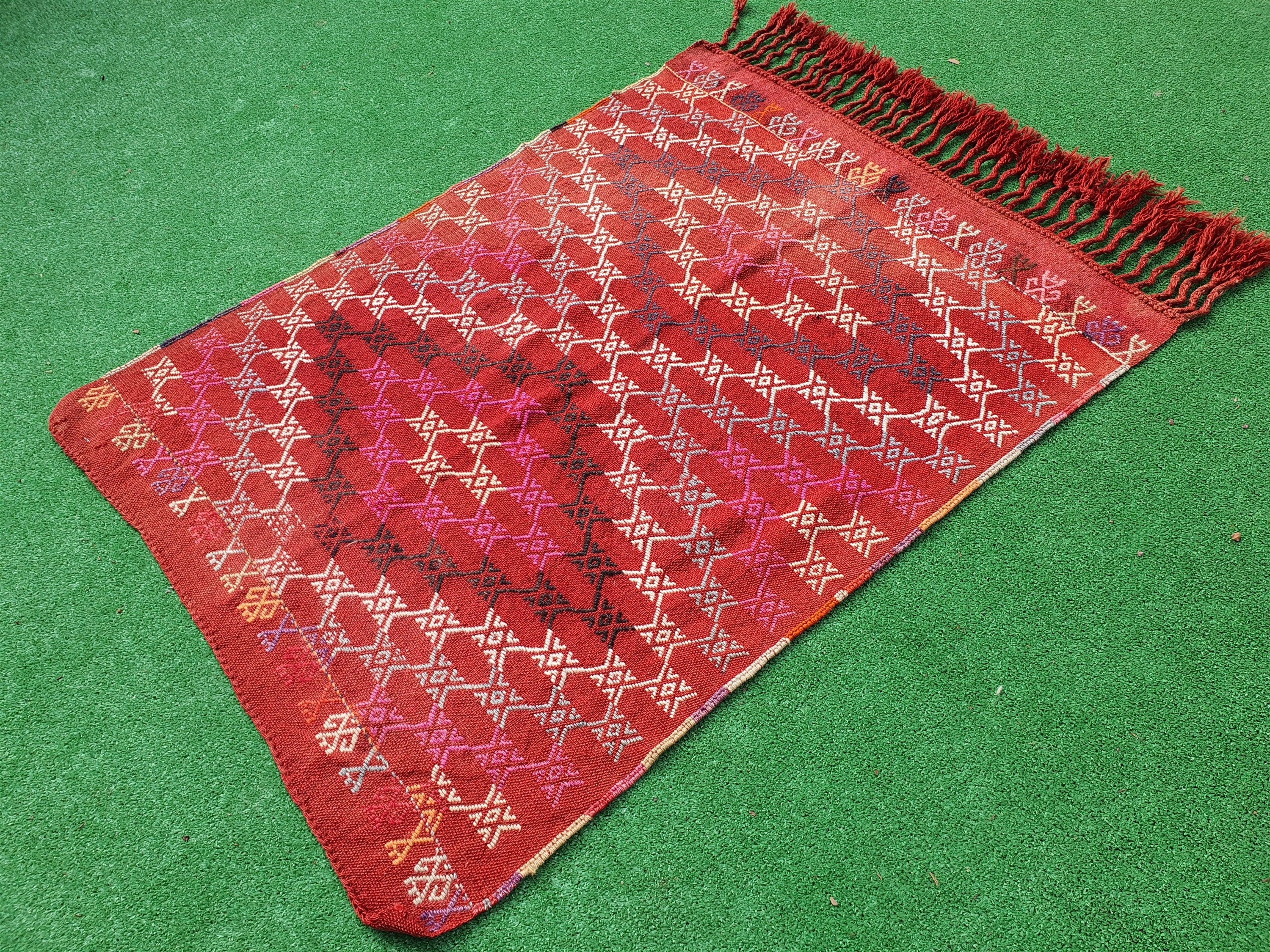 Alfombra Kilim turca, 3 pies 8 pulgadas x 3 pies, alfombra de puerta Cicim bordada