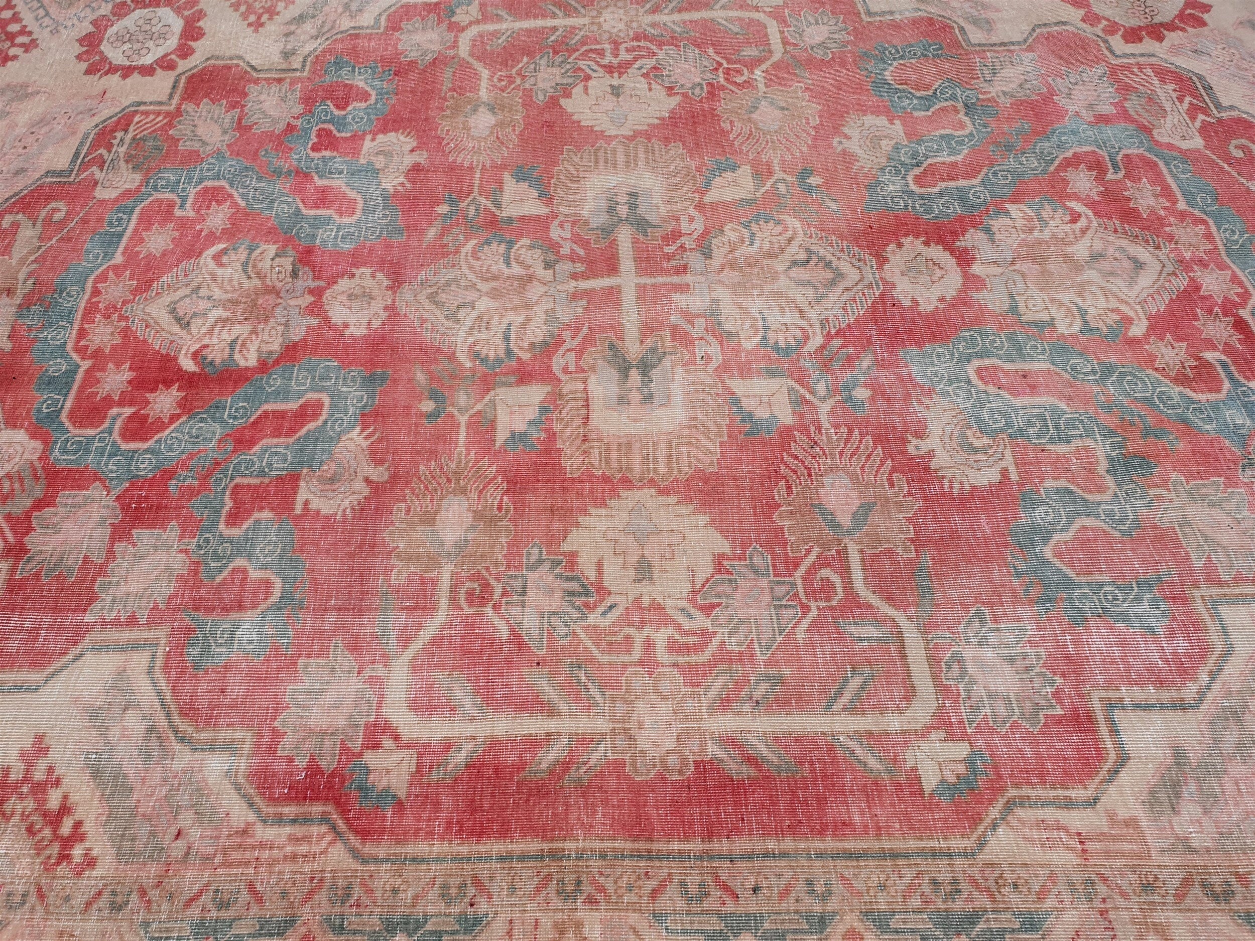 Oversized Persian Rug 11 x 7 ft, Large Pale Pink Blue White Recycled Oriental Design Vintage Rug Handmade  Wool Bohemian Moroccan Style Rug