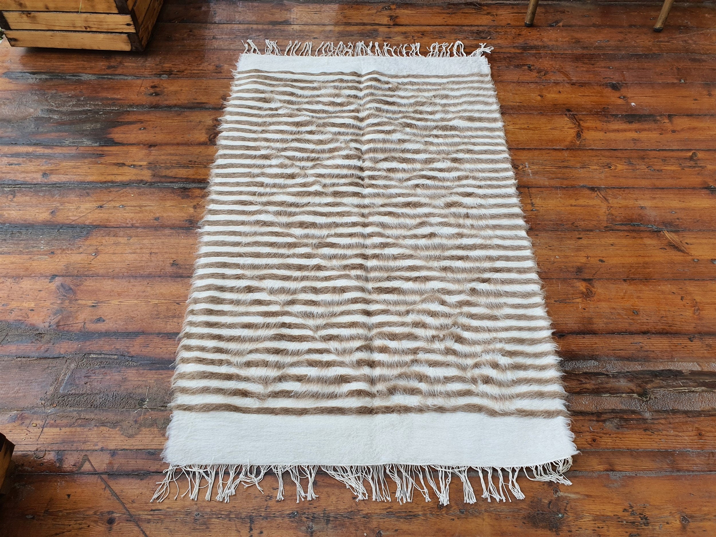 Undyed Siirt Angora Mohair Rug 4 ft x 2 ft 5 in, Brown and White Turkish Tulu Kilim Door Mat