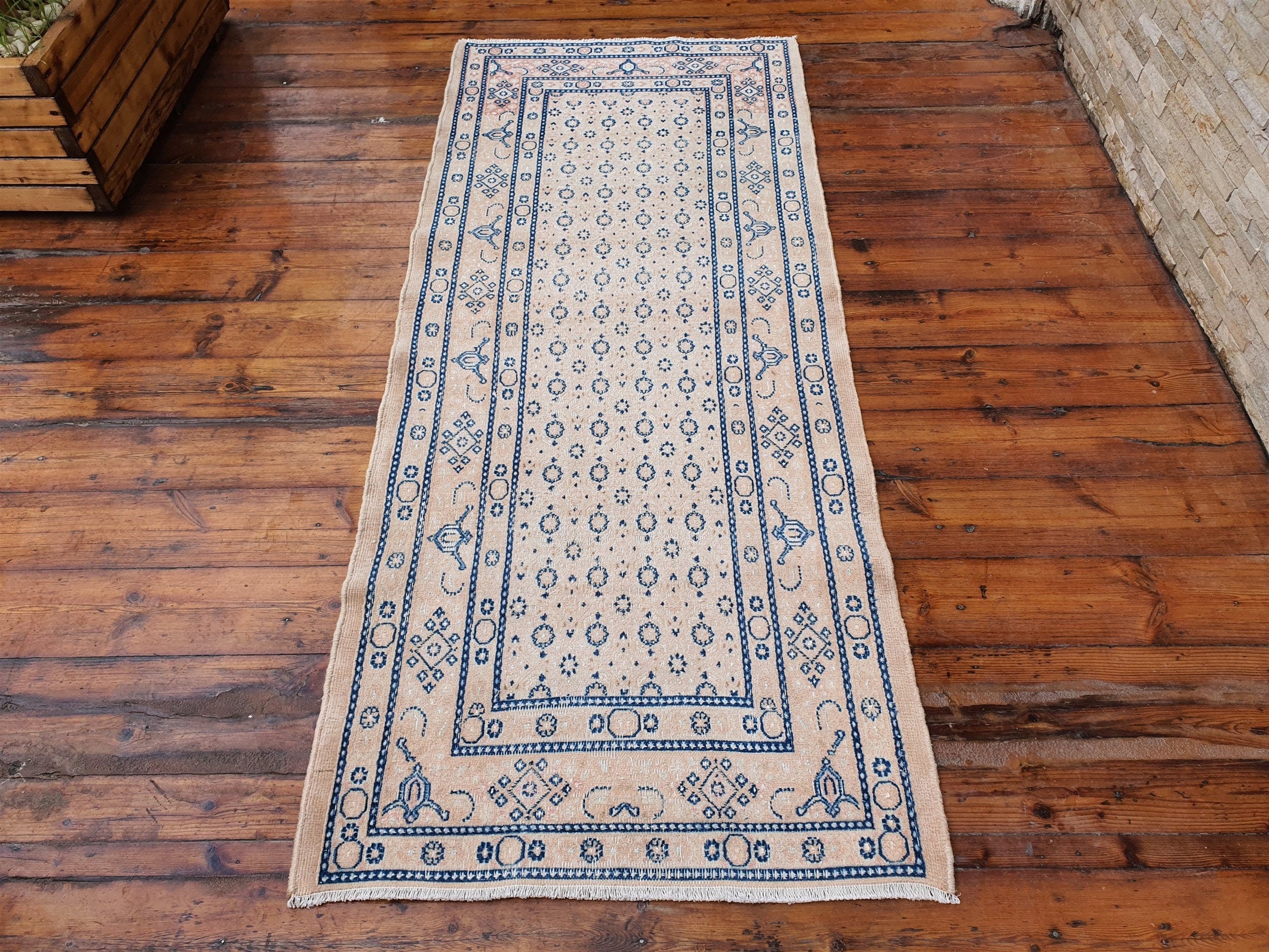 Tapis en laine filée à la main de style turc Oushak, tapis de salon de décoration de ferme, tapis vieilli et discret, décor rustique bohème, tapis persan 6,3 x 2,5 pieds