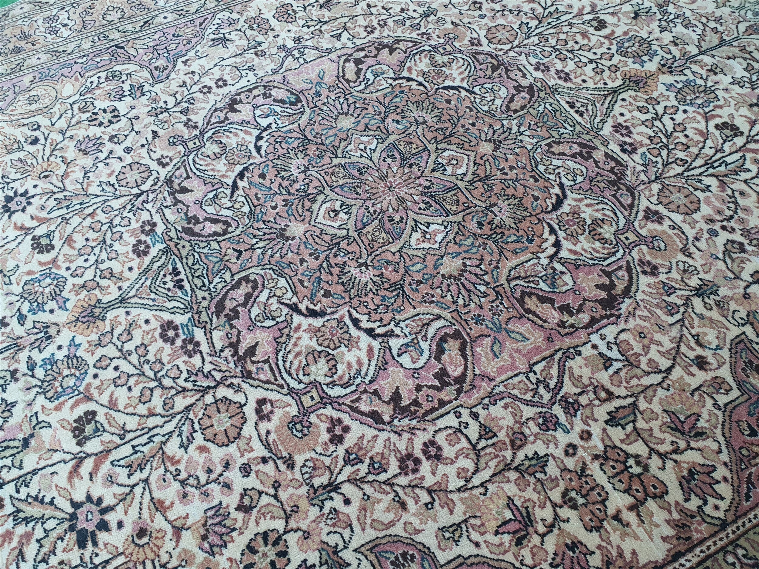 Alfombra persa antigua en tonos pastel de 10 x 6 pies, estilo vintage, rosa y gris, hecha a mano, de lana natural, con medallón floral, decoración bohemia vintage desgastada