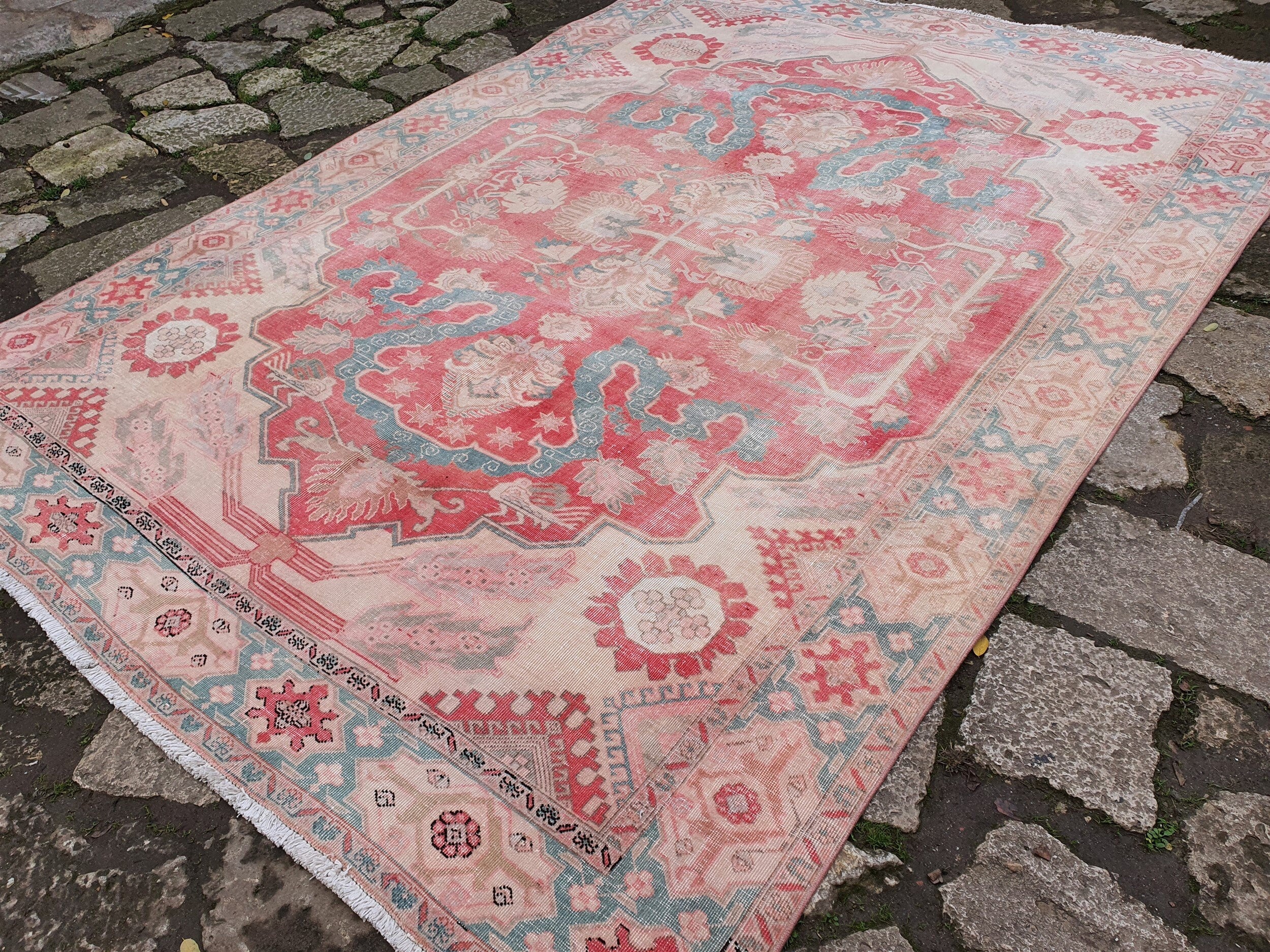 Oversized Persian Rug 11 x 7 ft, Large Pale Pink Blue White Recycled Oriental Design Vintage Rug Handmade  Wool Bohemian Moroccan Style Rug