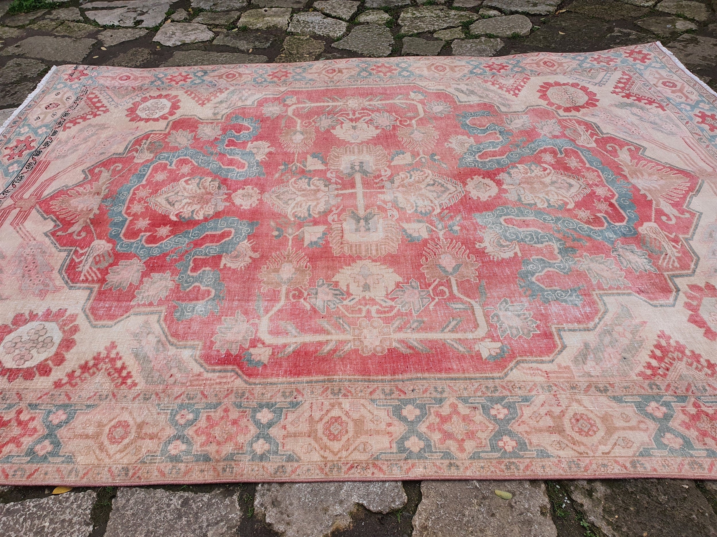 Oversized Persian Rug 11 x 7 ft, Large Pale Pink Blue White Recycled Oriental Design Vintage Rug Handmade  Wool Bohemian Moroccan Style Rug