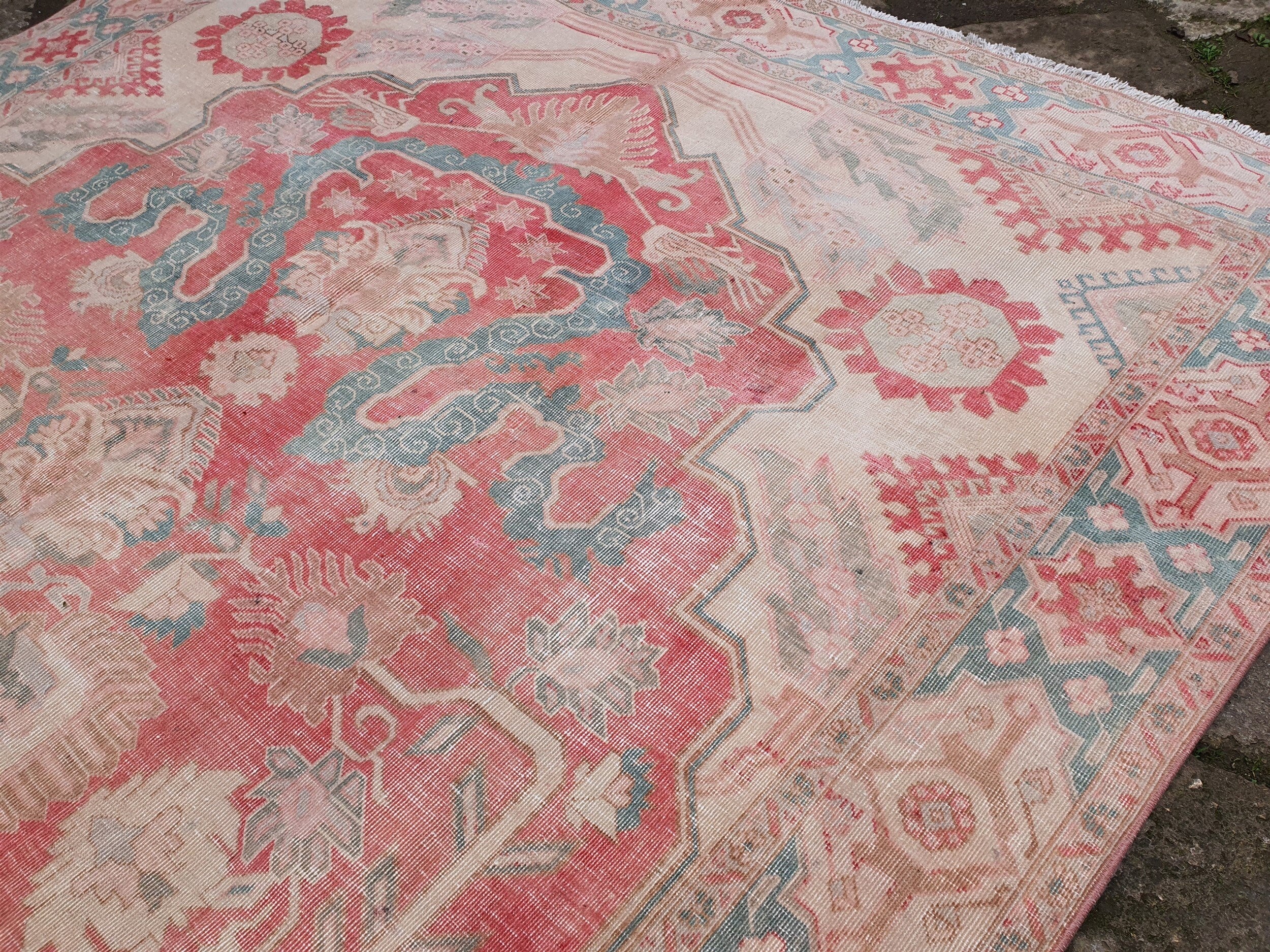 Oversized Persian Rug 11 x 7 ft, Large Pale Pink Blue White Recycled Oriental Design Vintage Rug Handmade  Wool Bohemian Moroccan Style Rug