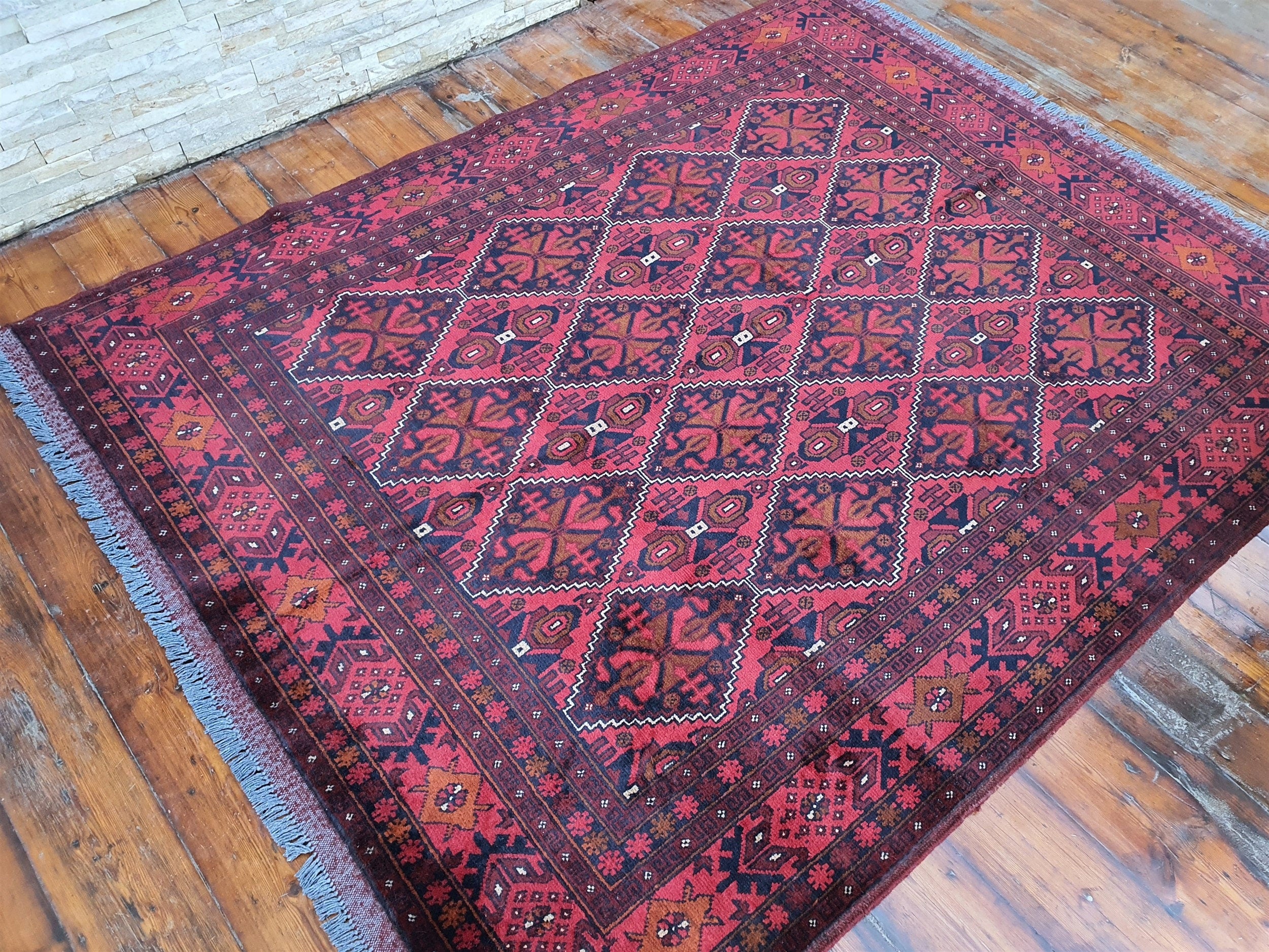 Red and Blue Afghan Khal Mohammadi Rug, Vintage Turkish Handmade Natural Wool Carpet 6'4''x''5''