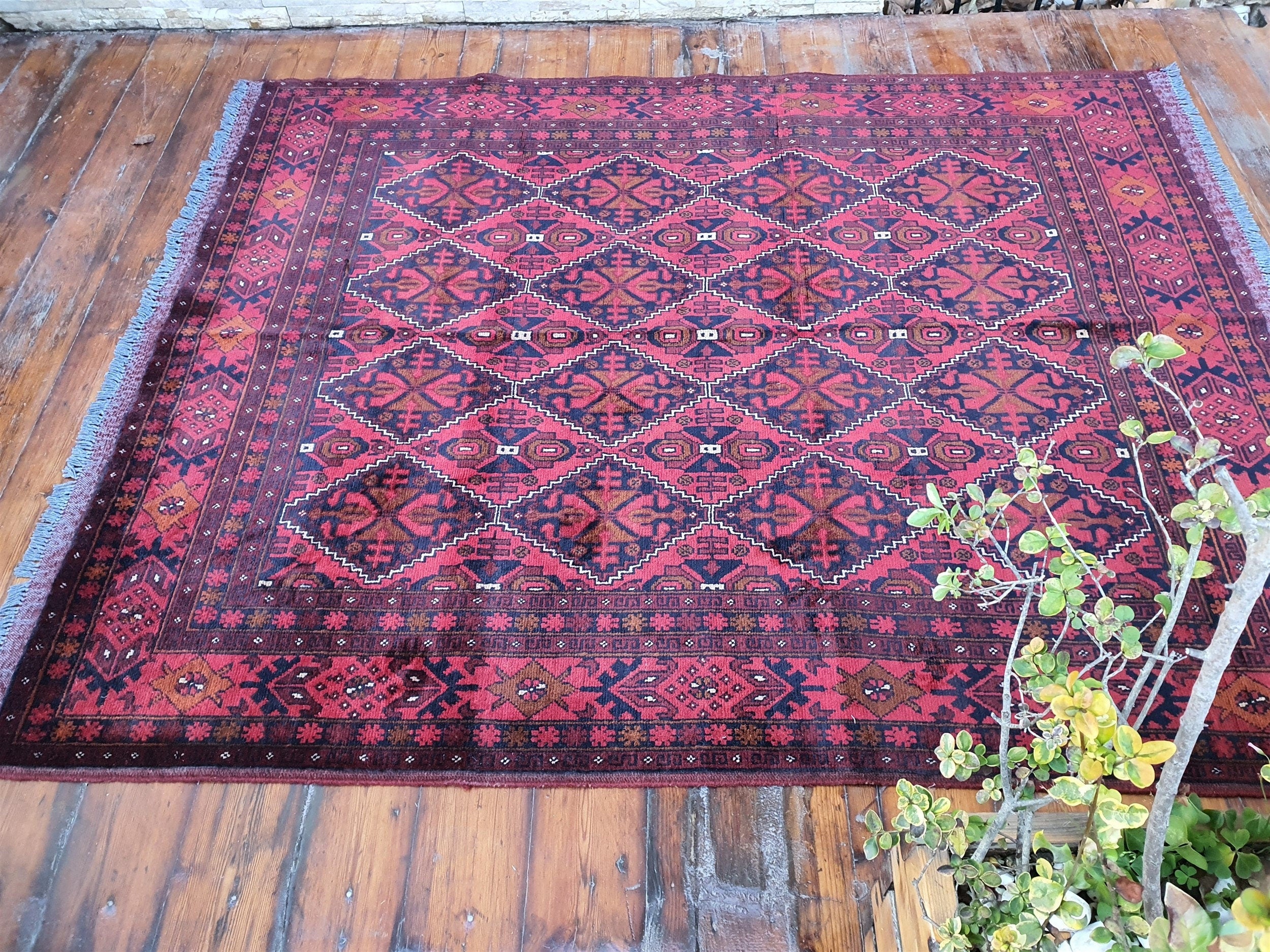 Red and Blue Afghan Khal Mohammadi Rug, Vintage Turkish Handmade Natural Wool Carpet 6'4''x''5''
