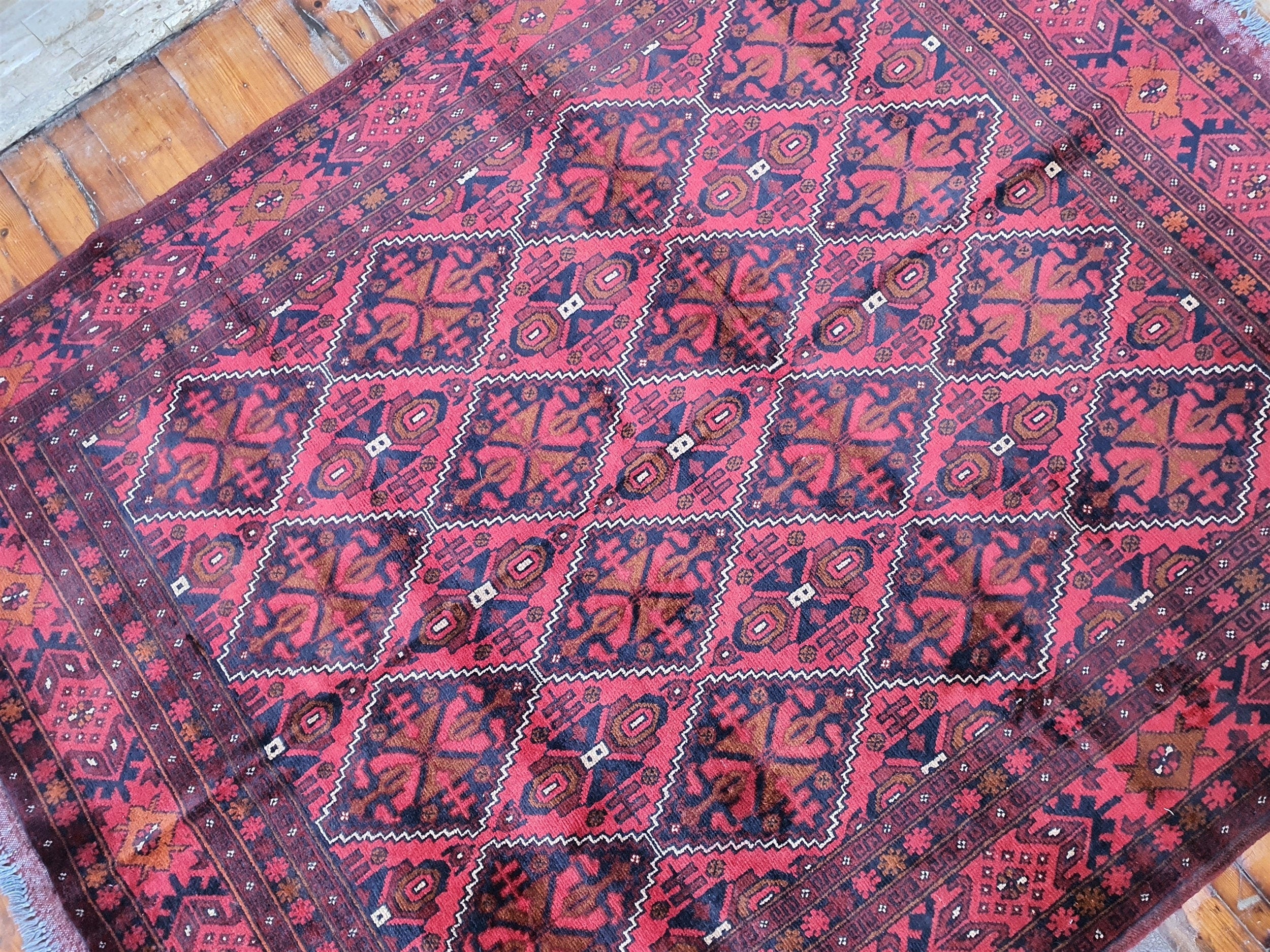 Red and Blue Afghan Khal Mohammadi Rug, Vintage Turkish Handmade Natural Wool Carpet 6'4''x''5''