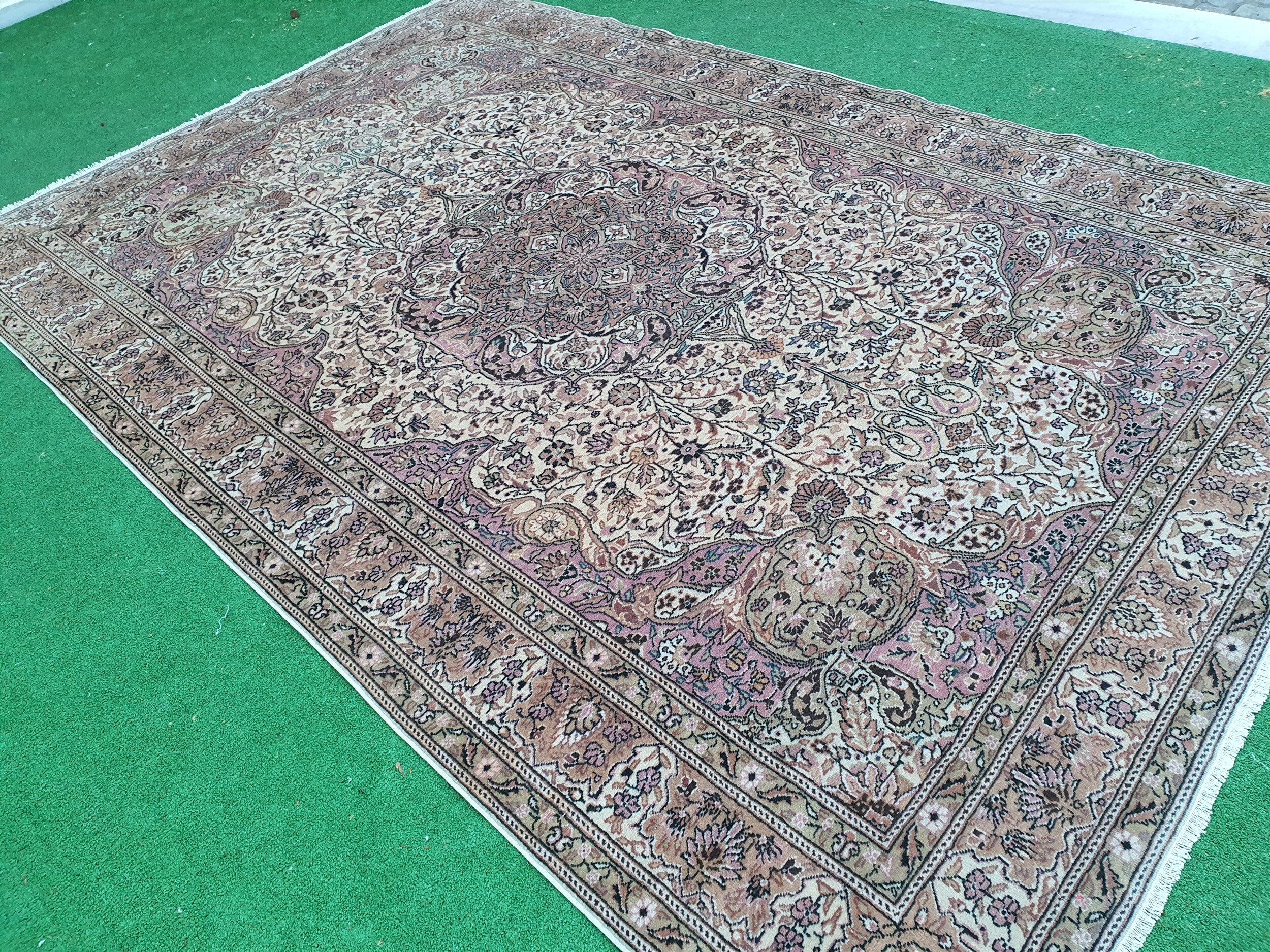 Alfombra persa antigua en tonos pastel de 10 x 6 pies, estilo vintage, rosa y gris, hecha a mano, de lana natural, con medallón floral, decoración bohemia vintage desgastada