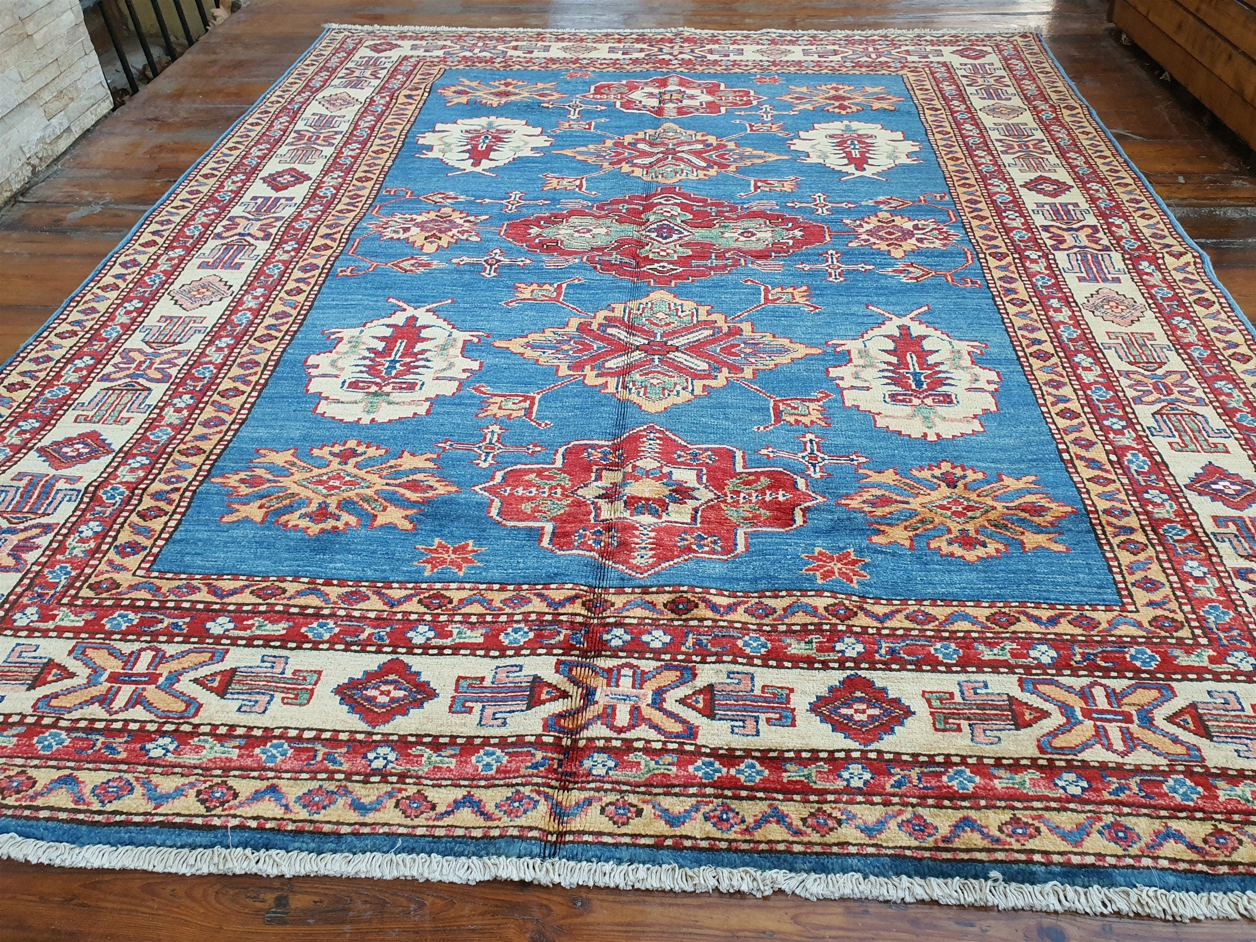 Caucasian Kazak Rug 6'3''x5'1'' Blue Beige Vintage Tribal Azerbaijan Geometric Medallion Rug