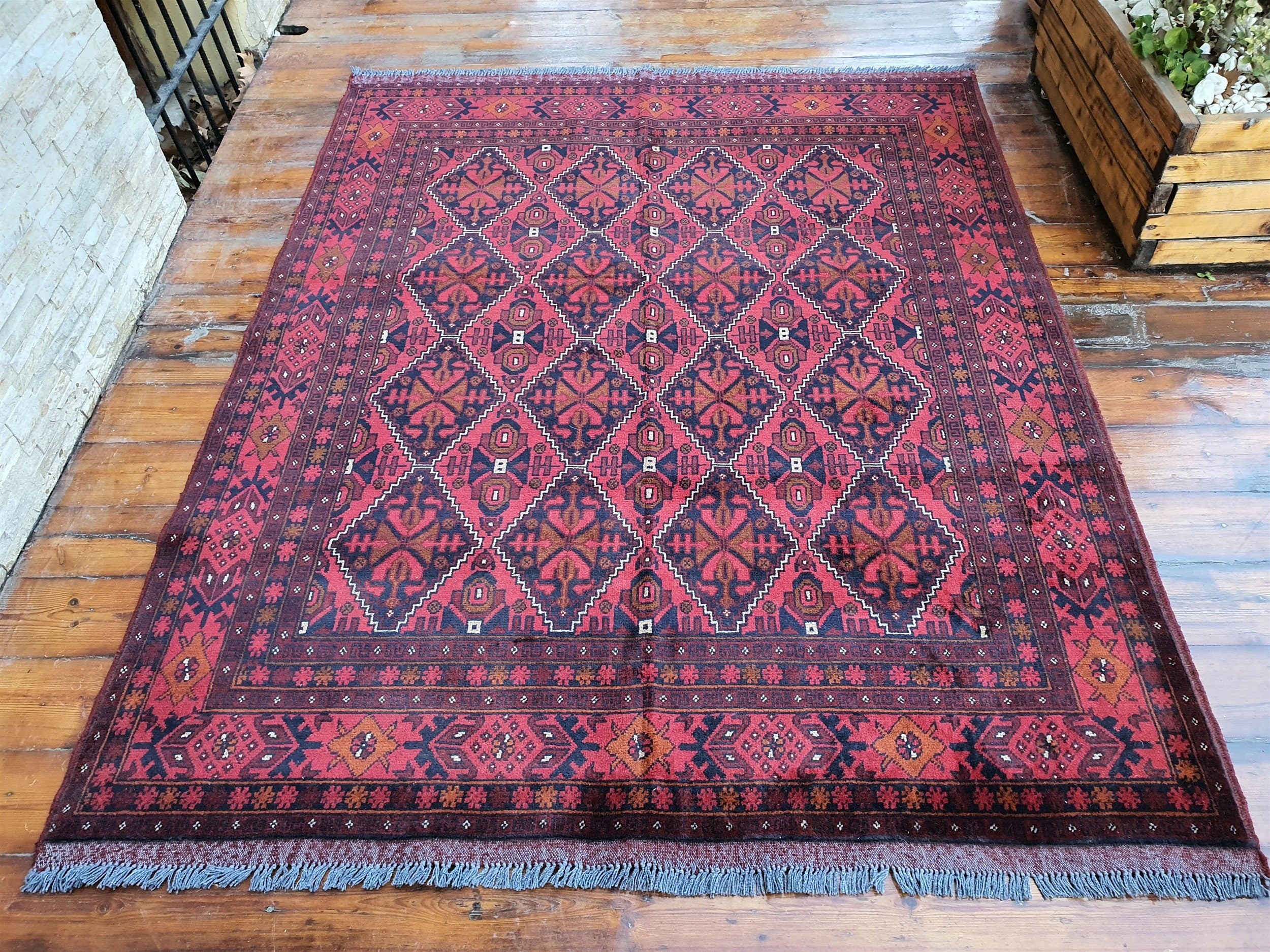 Red and Blue Afghan Khal Mohammadi Rug, Vintage Turkish Handmade Natural Wool Carpet 6'4''x''5''