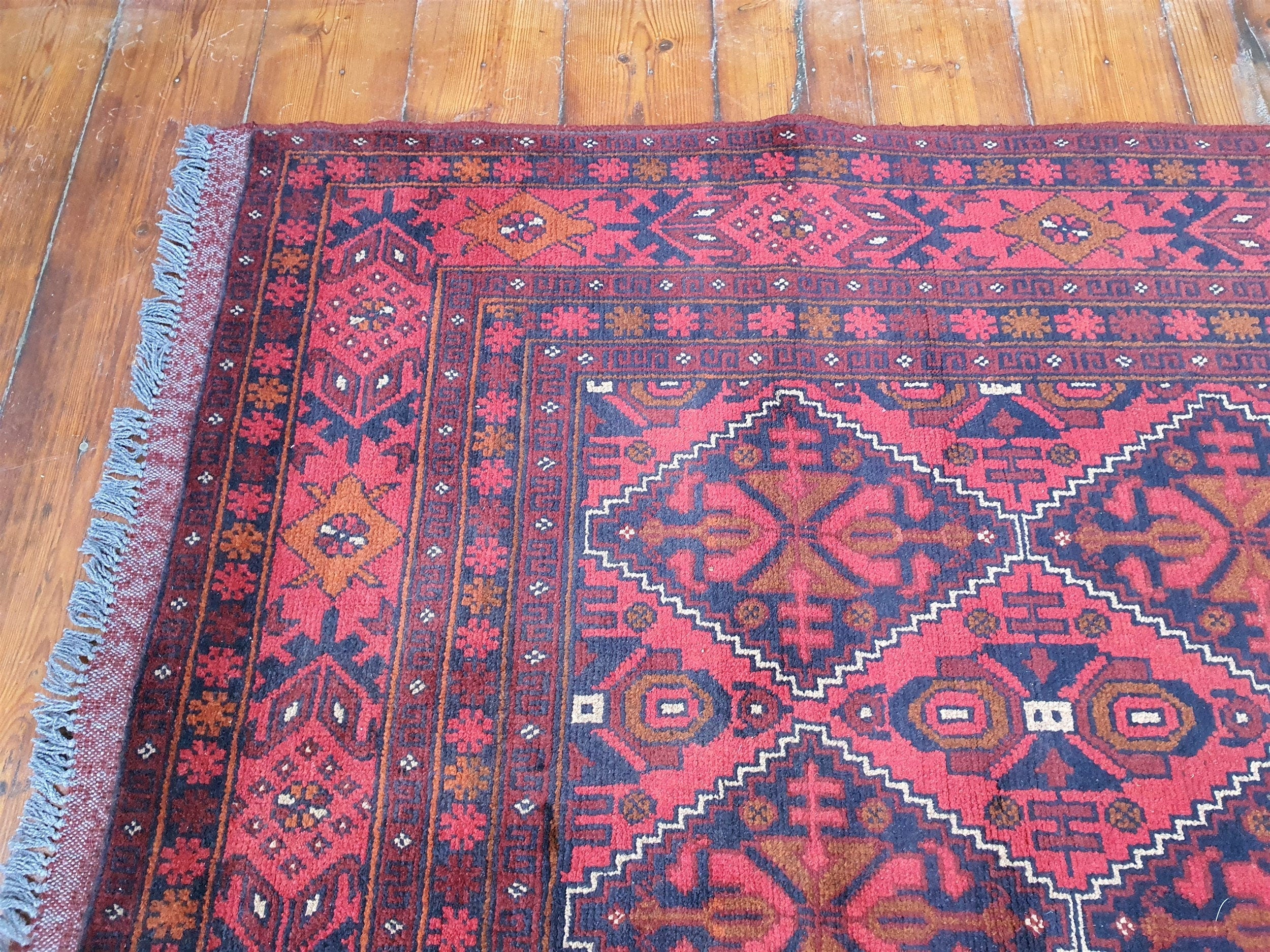 Red and Blue Afghan Khal Mohammadi Rug, Vintage Turkish Handmade Natural Wool Carpet 6'4''x''5''