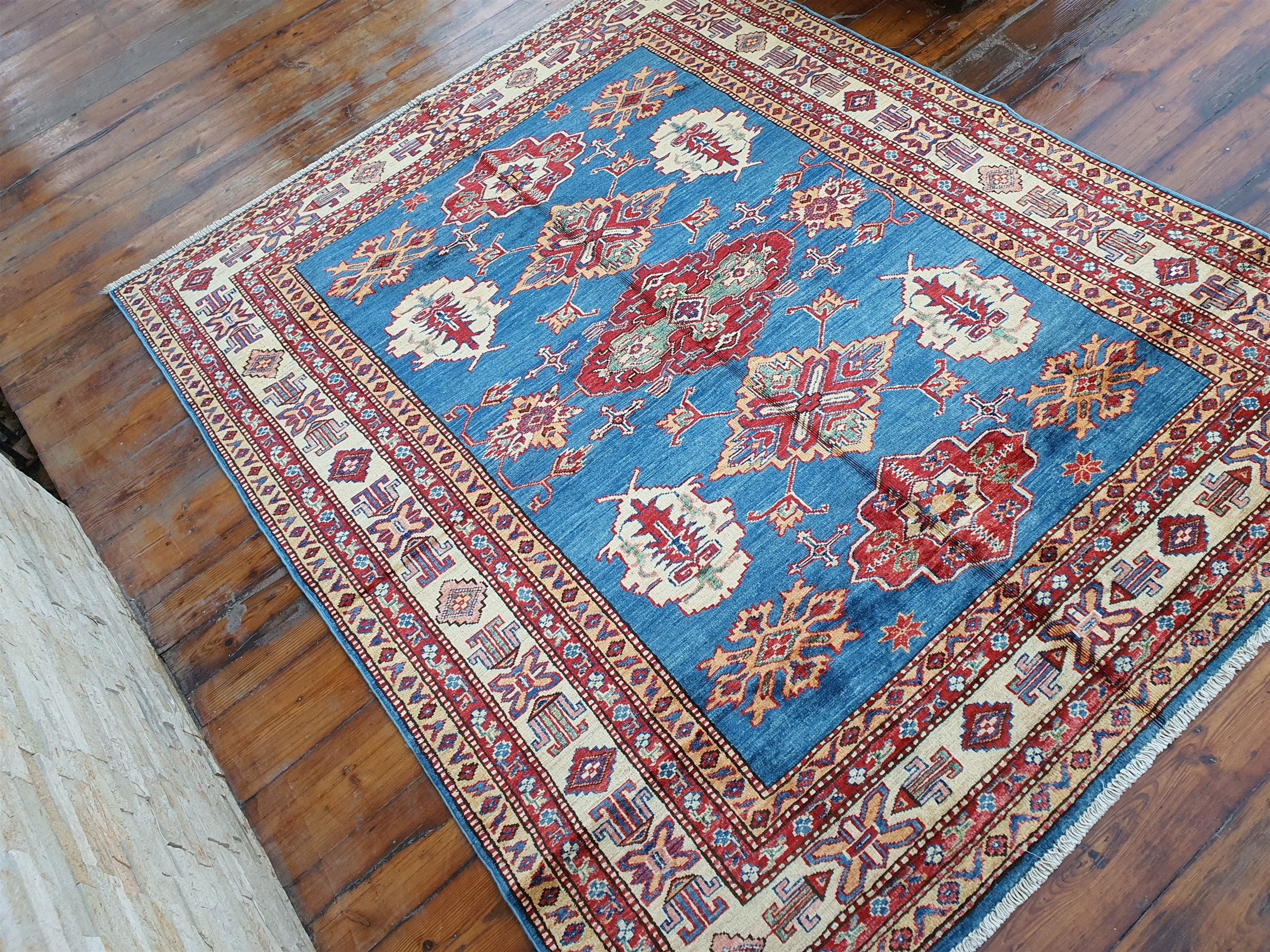 Caucasian Kazak Rug 6'3''x5'1'' Blue Beige Vintage Tribal Azerbaijan Geometric Medallion Rug