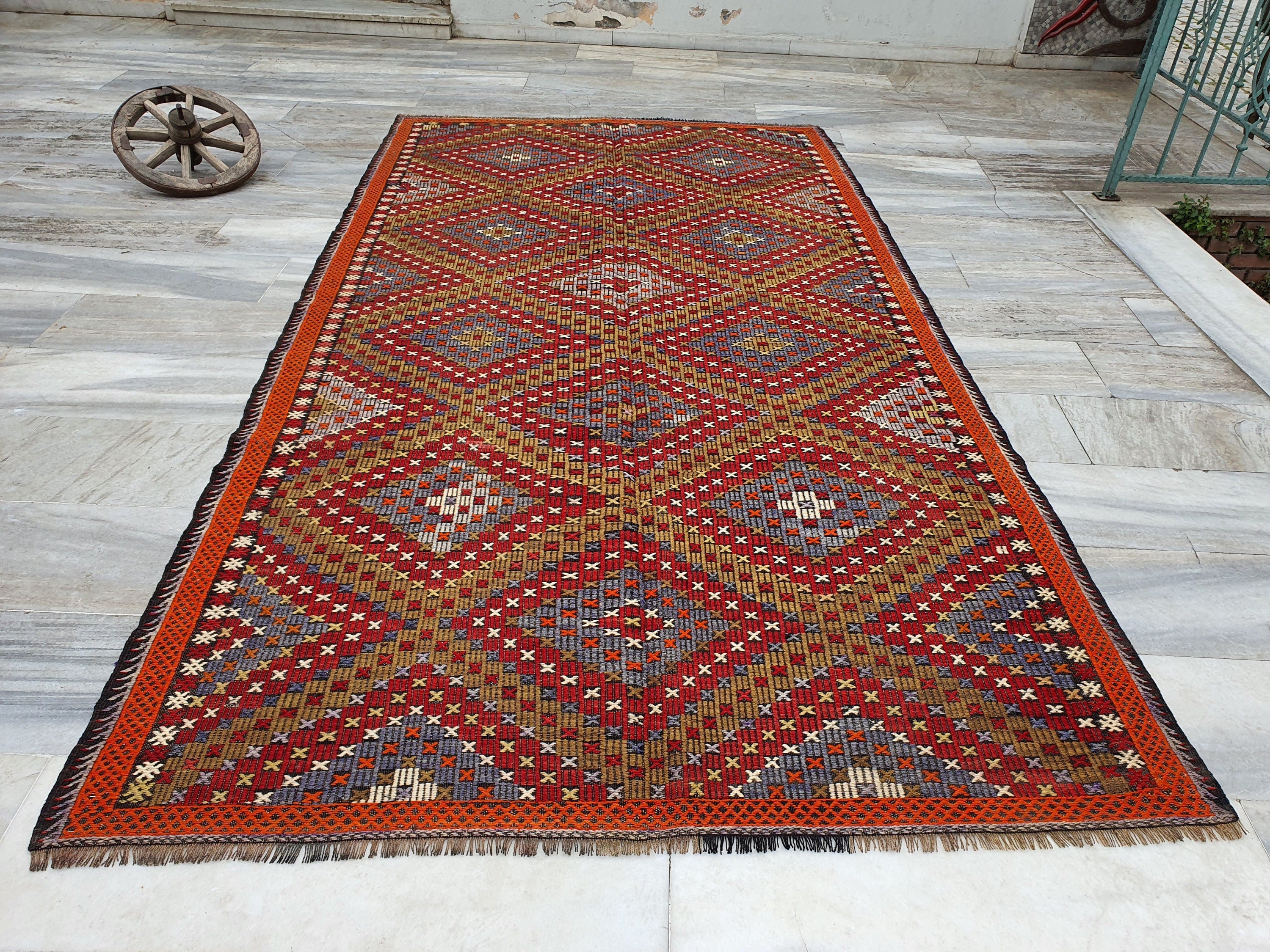 Brown Turkish Kilim Rug, 10 x6 ft Red Blue & White Turkish Cicim Embroidery on Turkish Kilim, Boho Rustic Natural Wool Handmade Persian Rug