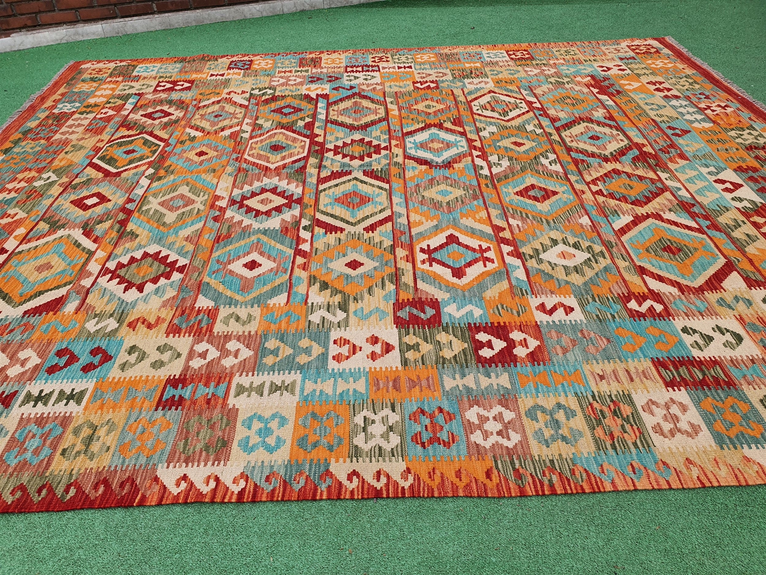 Afghan Kilim Vintage Rug, 9 ft 5 in x 8 ft 3 in Red Pink, Blue and Off-White Turkish Handmade KIlim Rug