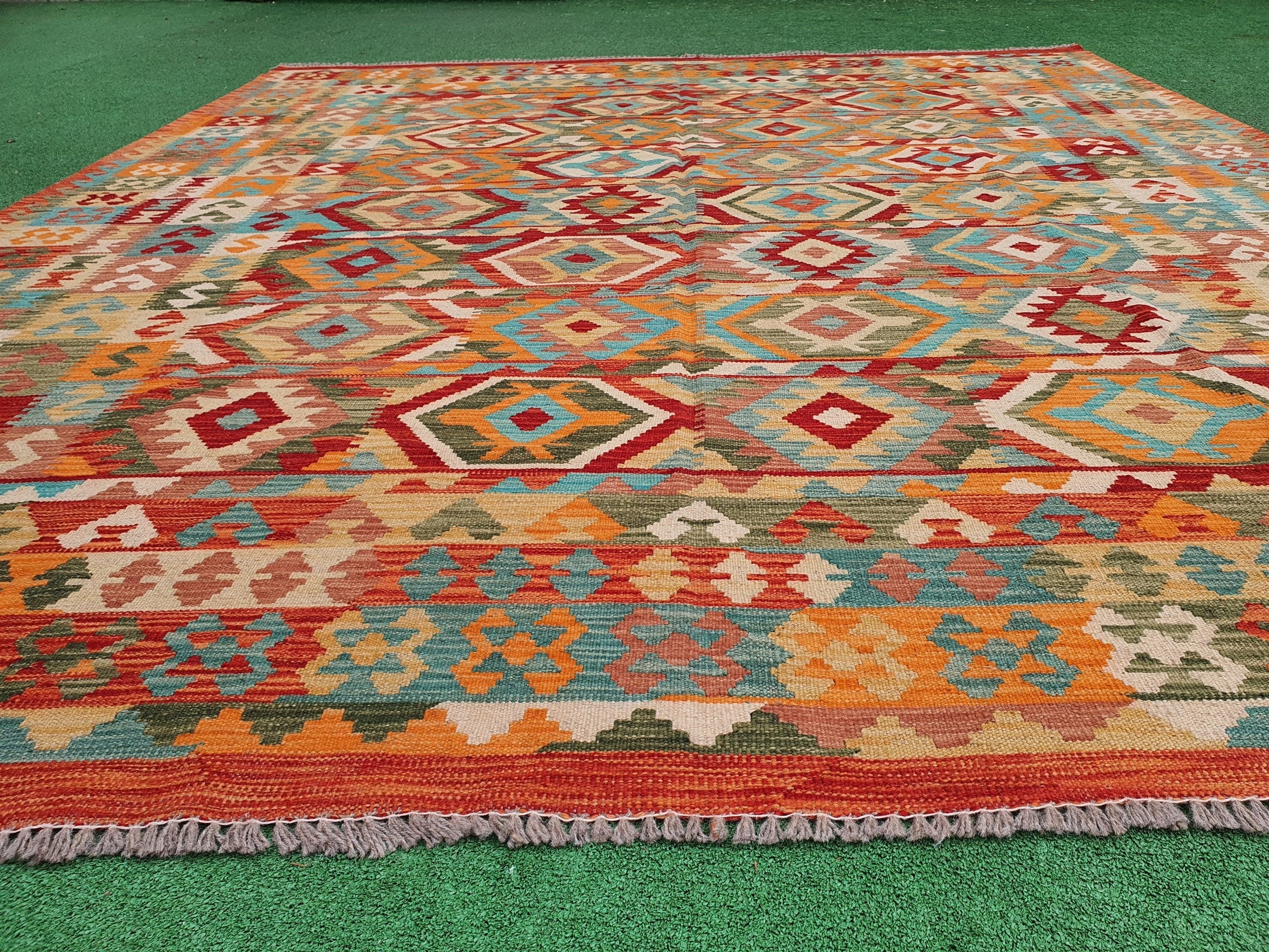 Afghan Kilim Vintage Rug, 9 ft 5 in x 8 ft 3 in Red Pink, Blue and Off-White Turkish Handmade KIlim Rug