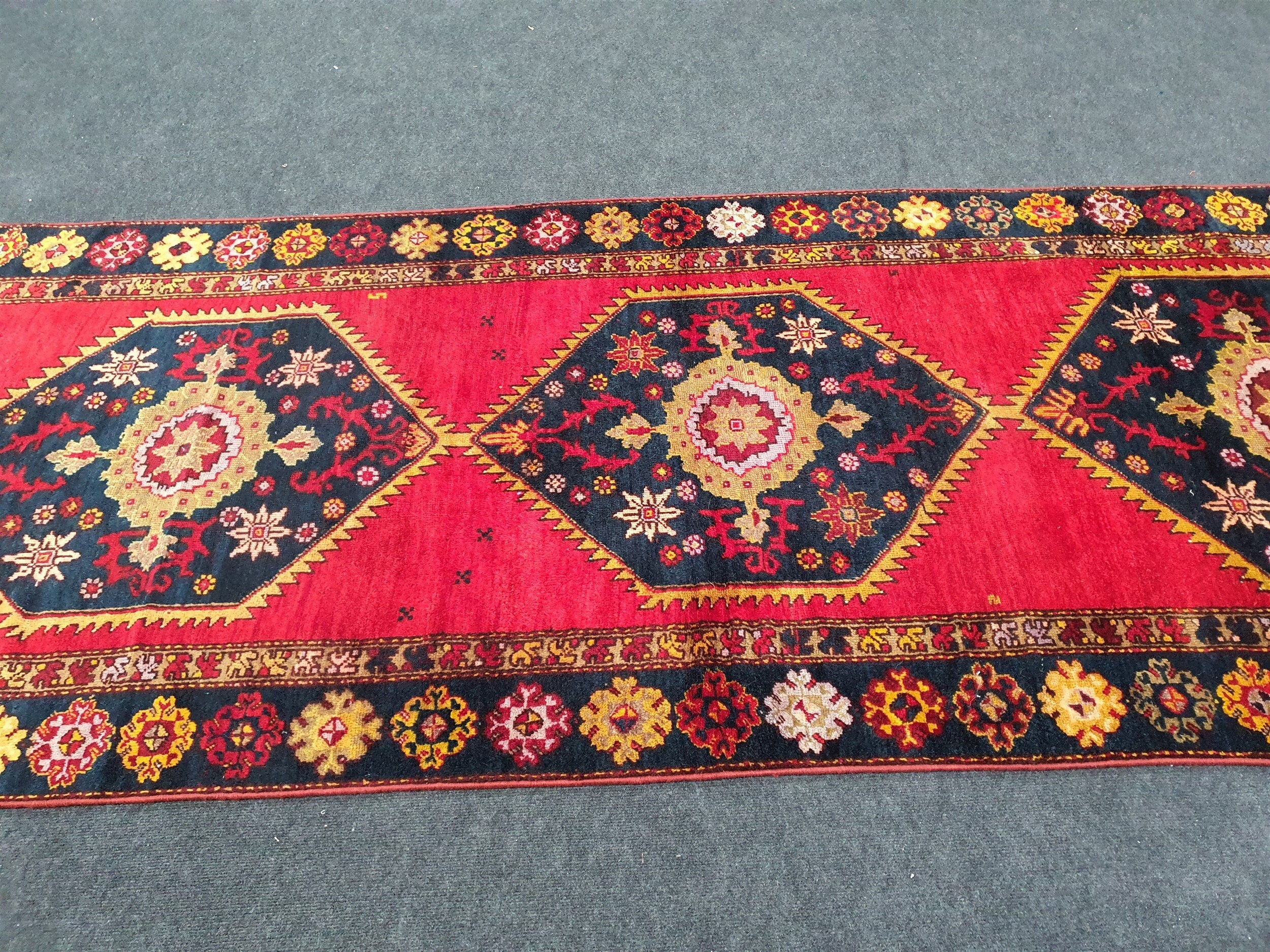 Persian Hallway Runner 11 x 3 ft Turkish Natural Wool Rug, Red with Blue and Brown Central Floral Medallions and Border Entry Corridor Rug