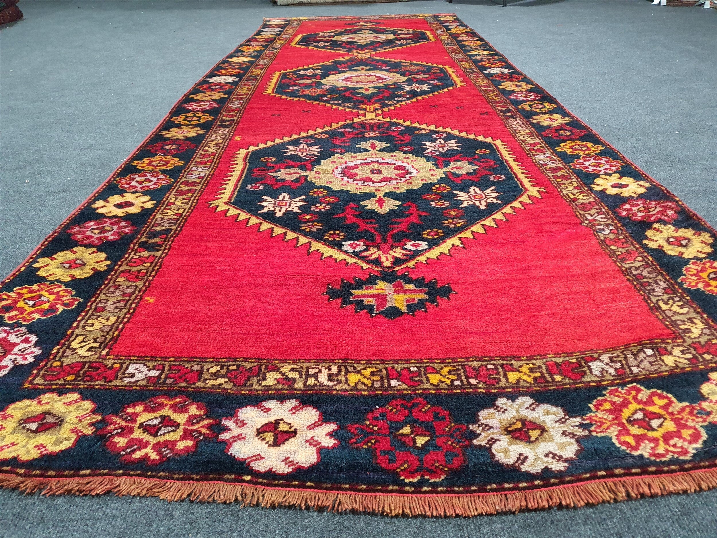 Persian Hallway Runner 11 x 3 ft Turkish Natural Wool Rug, Red with Blue and Brown Central Floral Medallions and Border Entry Corridor Rug