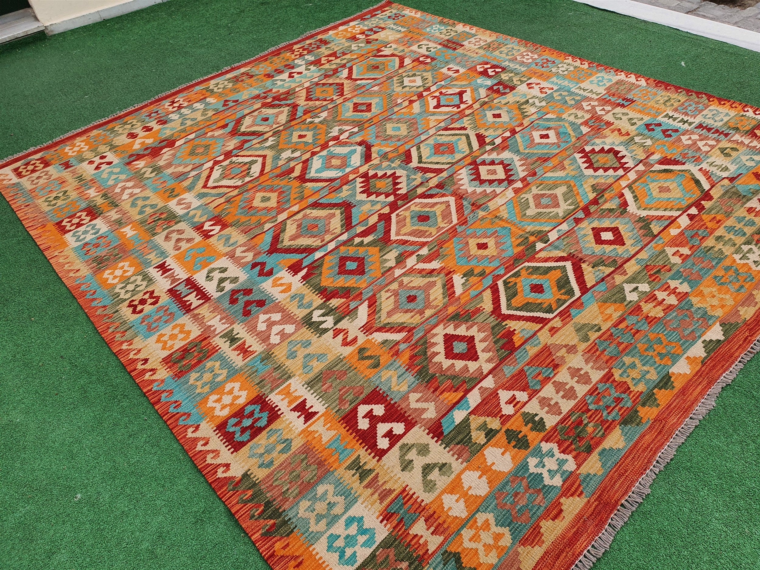 Afghan Kilim Vintage Rug, 9 ft 5 in x 8 ft 3 in Red Pink, Blue and Off-White Turkish Handmade KIlim Rug