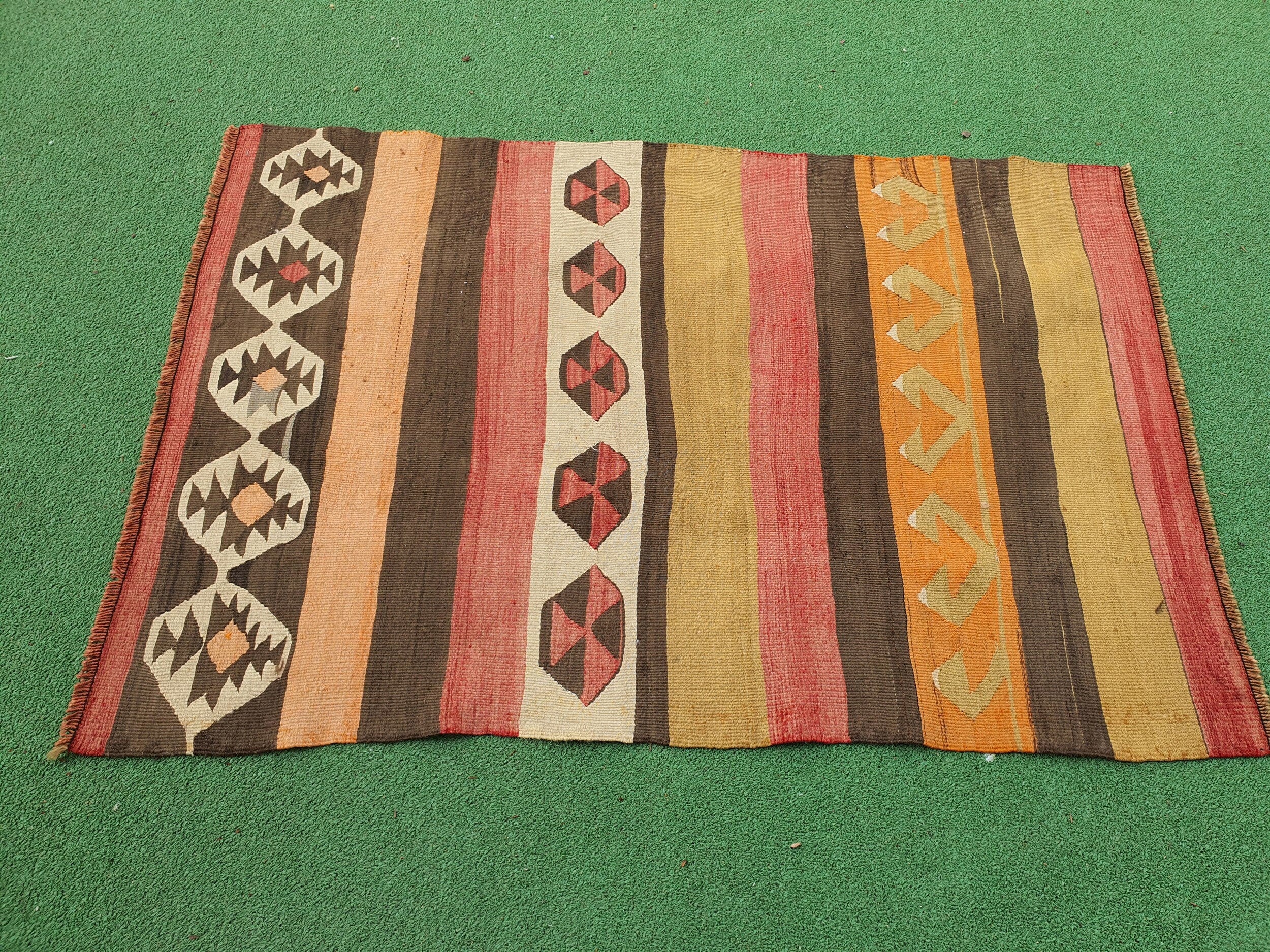 Afyon Kilim Rug, 3 ft 8 in x 2 ft 4 in Brown Orange Beige Striped Turkish Vintage Door Mat or Entryway Rug