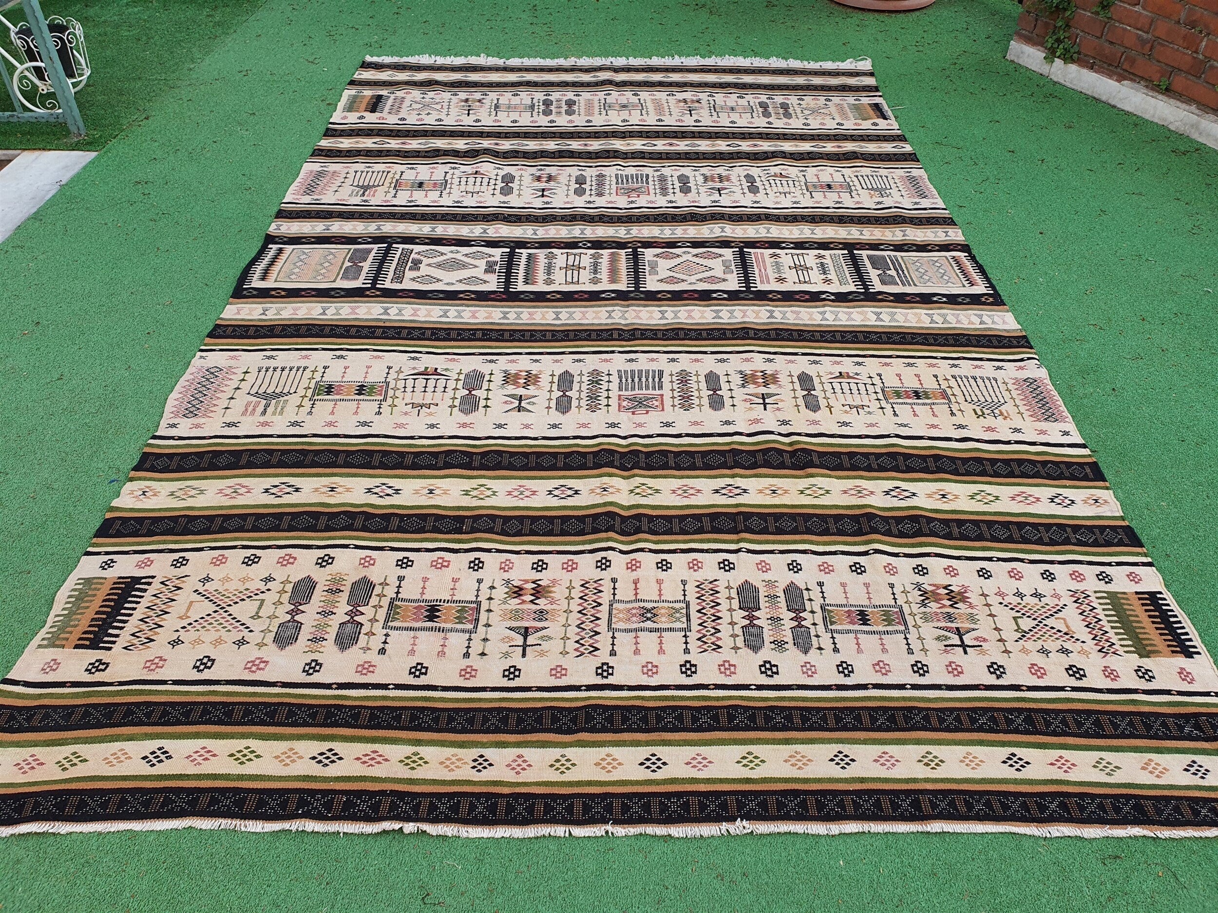 Turkish Kilim Rug 9 ft 8 in x 6 ft 1 in, Embroidered Cicim Floor Rug