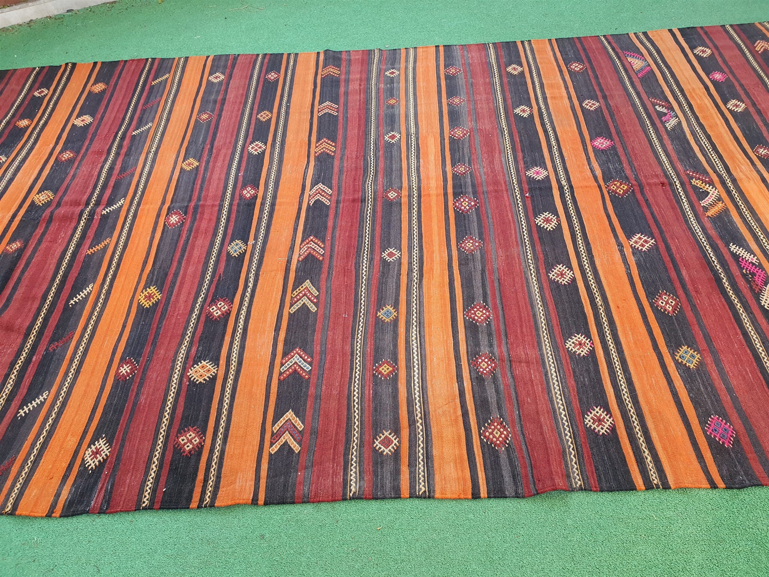 Turkish Kilim Rug 12 x 6 ft Terracotta Orange Brown Vintage Southwest Aztec Handmade Wool Cicim, Antique Persian Boho Rustic Farmhouse Rug