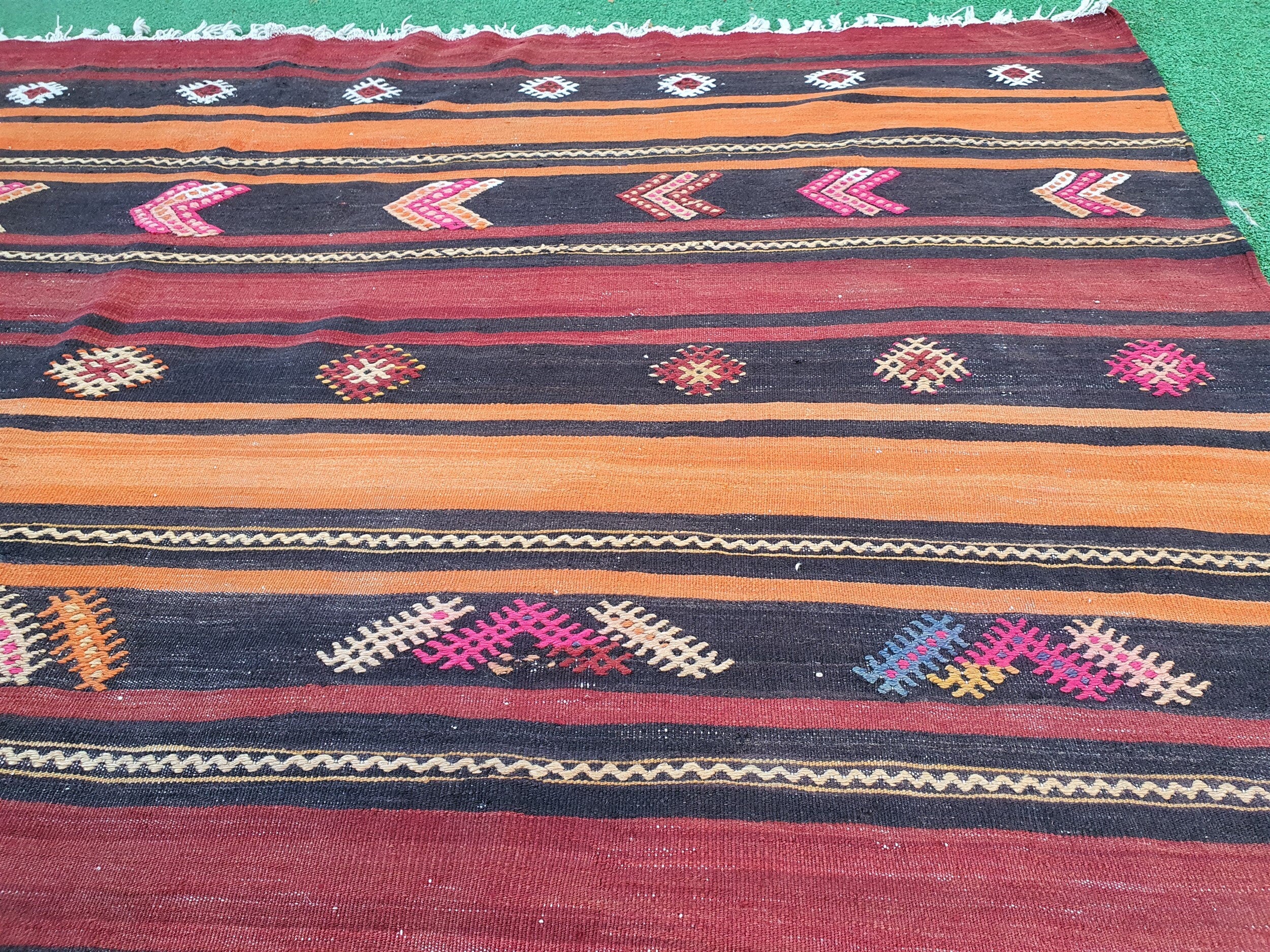 Turkish Kilim Rug 12 x 6 ft Terracotta Orange Brown Vintage Southwest Aztec Handmade Wool Cicim, Antique Persian Boho Rustic Farmhouse Rug