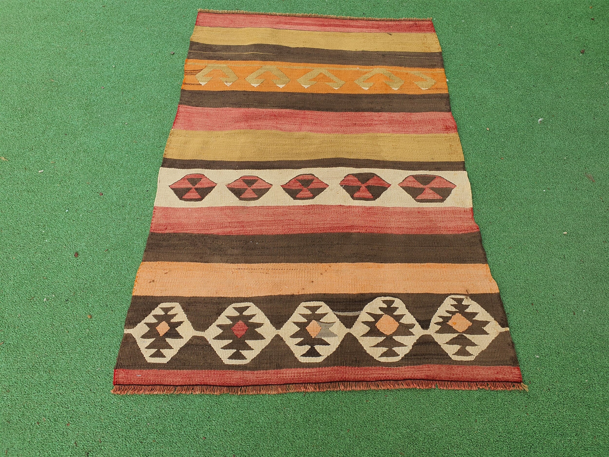 Afyon Kilim Rug, 3 ft 8 in x 2 ft 4 in Brown Orange Beige Striped Turkish Vintage Door Mat or Entryway Rug
