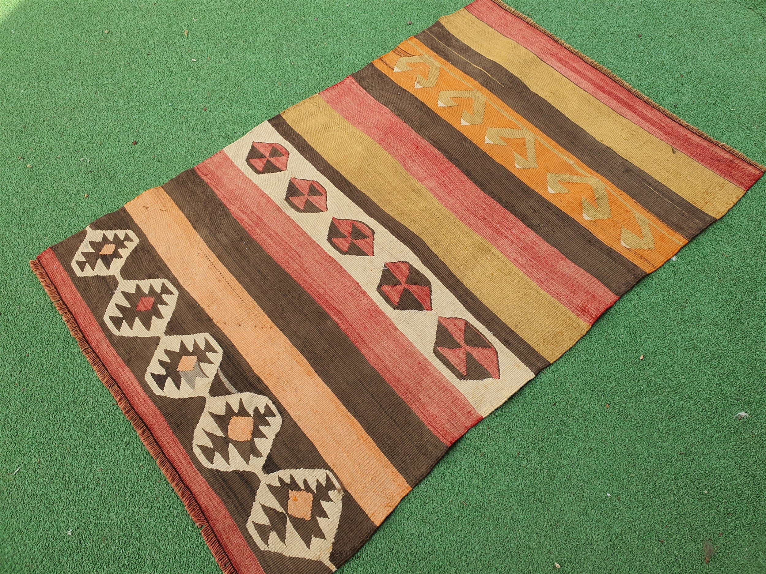 Afyon Kilim Rug, 3 ft 8 in x 2 ft 4 in Brown Orange Beige Striped Turkish Vintage Door Mat or Entryway Rug