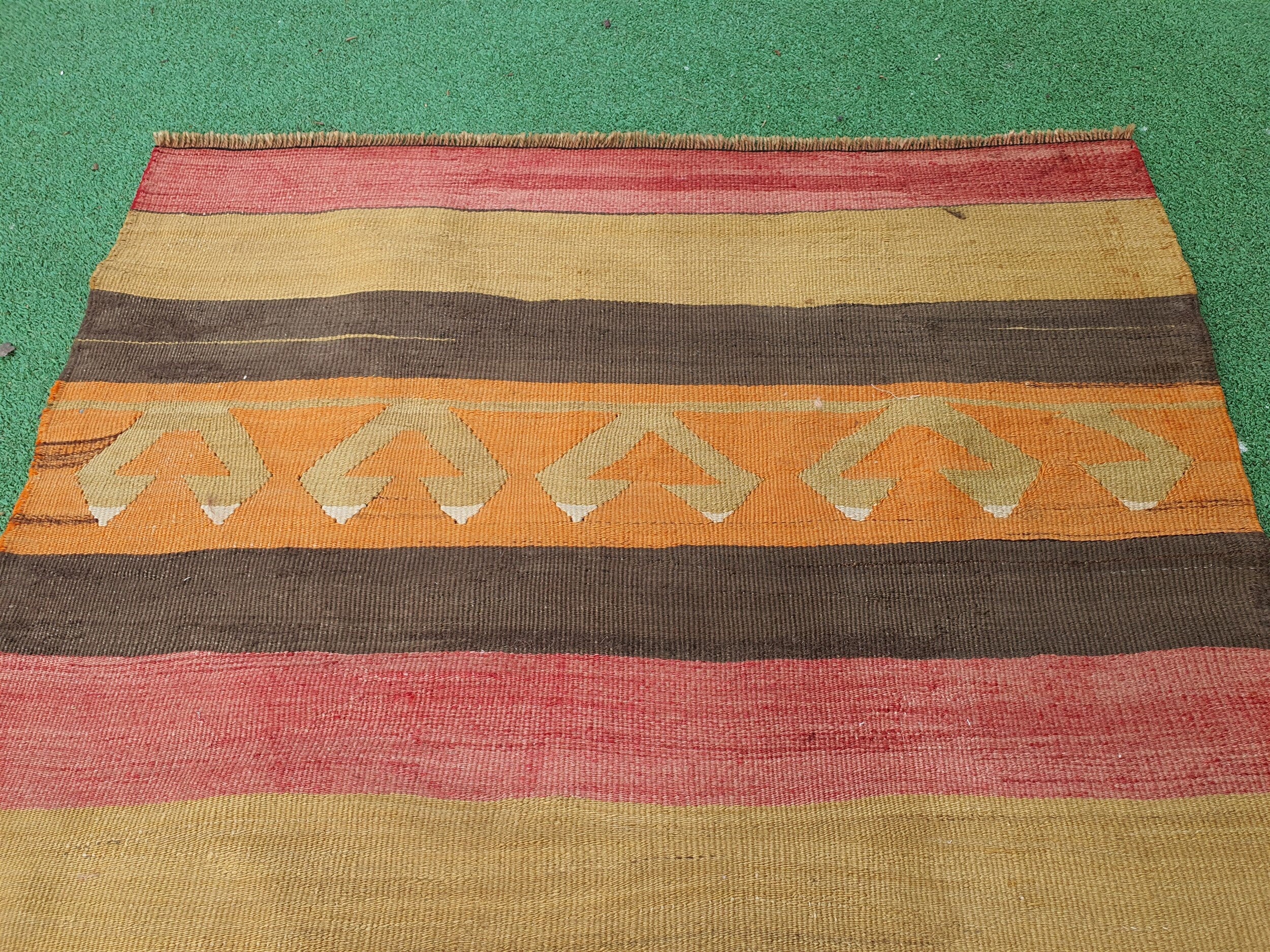 Afyon Kilim Rug, 3 ft 8 in x 2 ft 4 in Brown Orange Beige Striped Turkish Vintage Door Mat or Entryway Rug