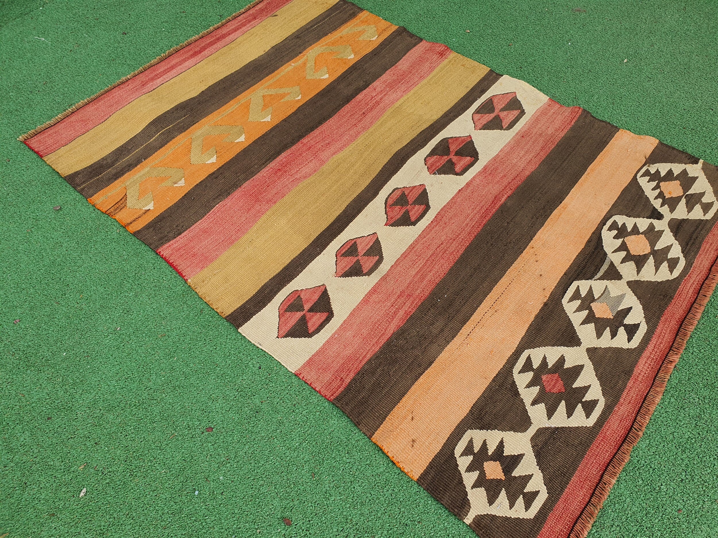 Afyon Kilim Rug, 3 ft 8 in x 2 ft 4 in Brown Orange Beige Striped Turkish Vintage Door Mat or Entryway Rug