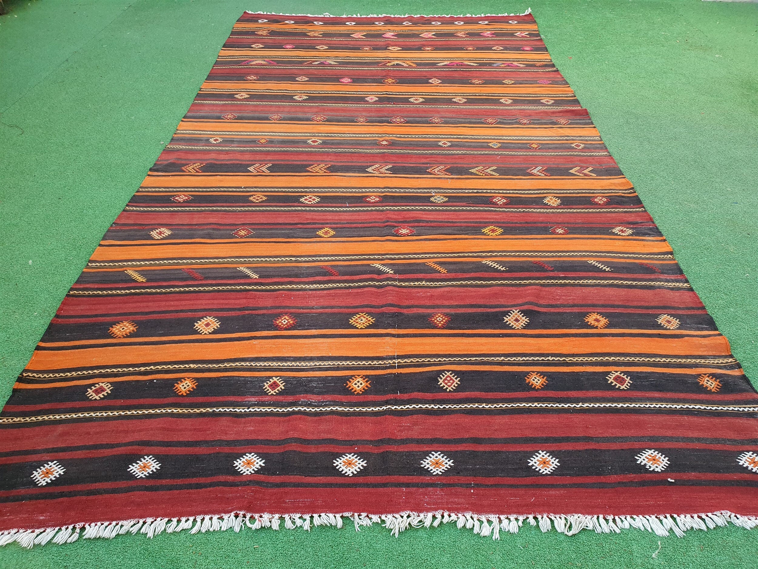 Turkish Kilim Rug 12 x 6 ft Terracotta Orange Brown Vintage Southwest Aztec Handmade Wool Cicim, Antique Persian Boho Rustic Farmhouse Rug