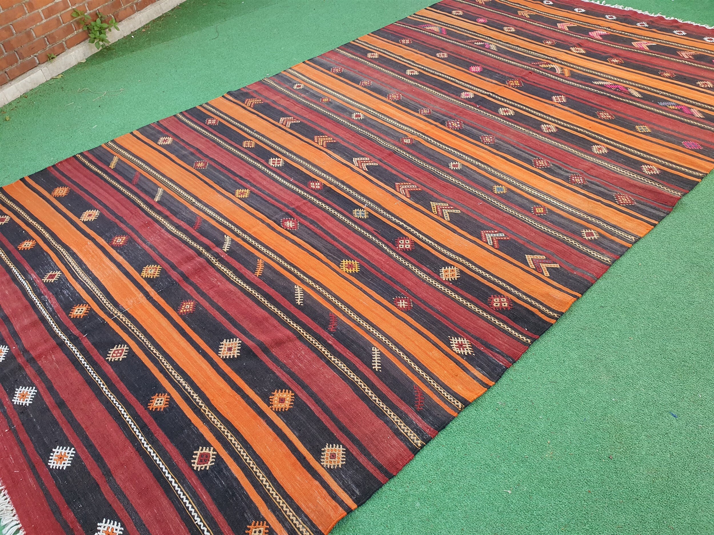 Turkish Kilim Rug 12 x 6 ft Terracotta Orange Brown Vintage Southwest Aztec Handmade Wool Cicim, Antique Persian Boho Rustic Farmhouse Rug