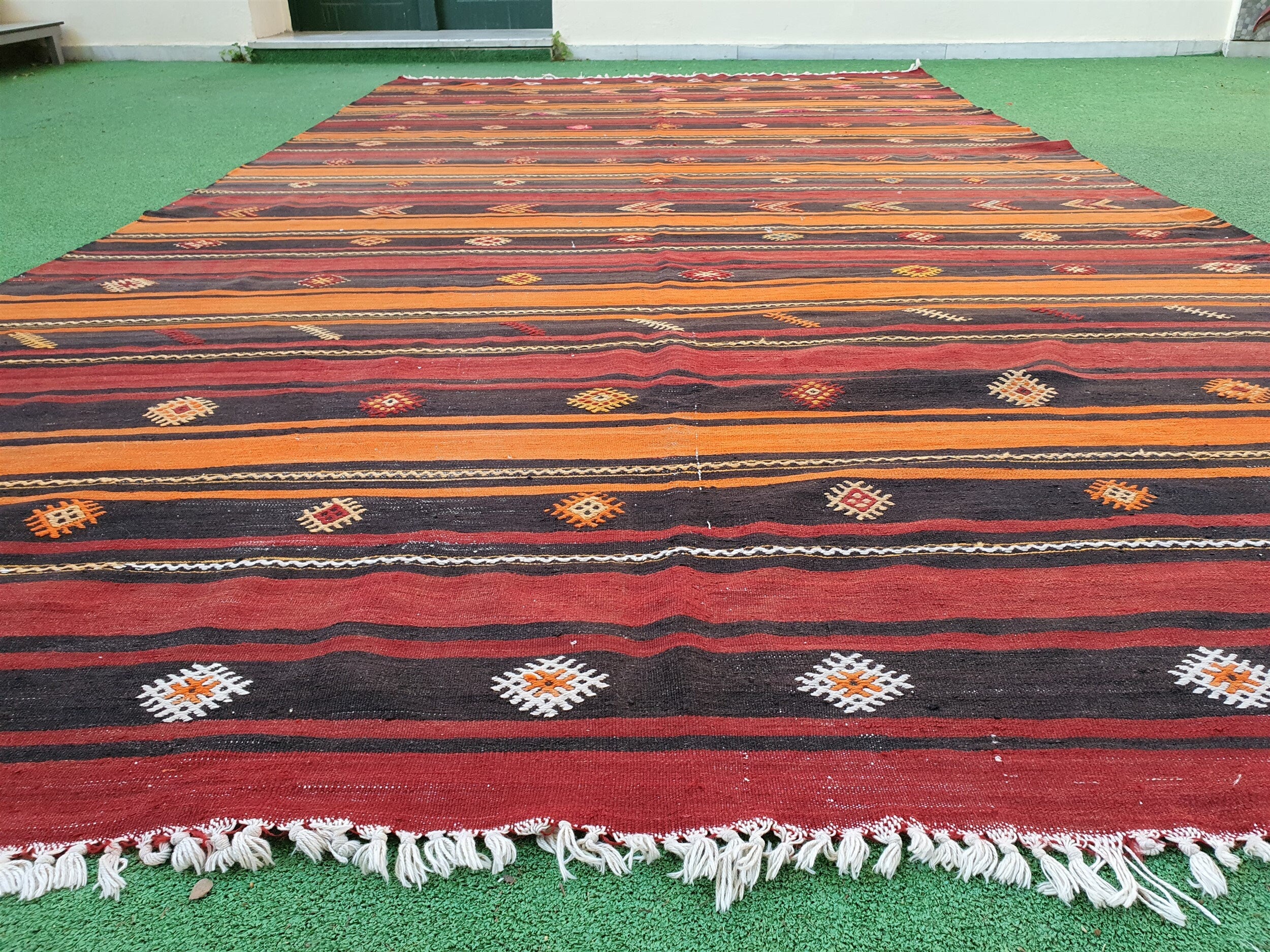 Turkish Kilim Rug 12 x 6 ft Terracotta Orange Brown Vintage Southwest Aztec Handmade Wool Cicim, Antique Persian Boho Rustic Farmhouse Rug