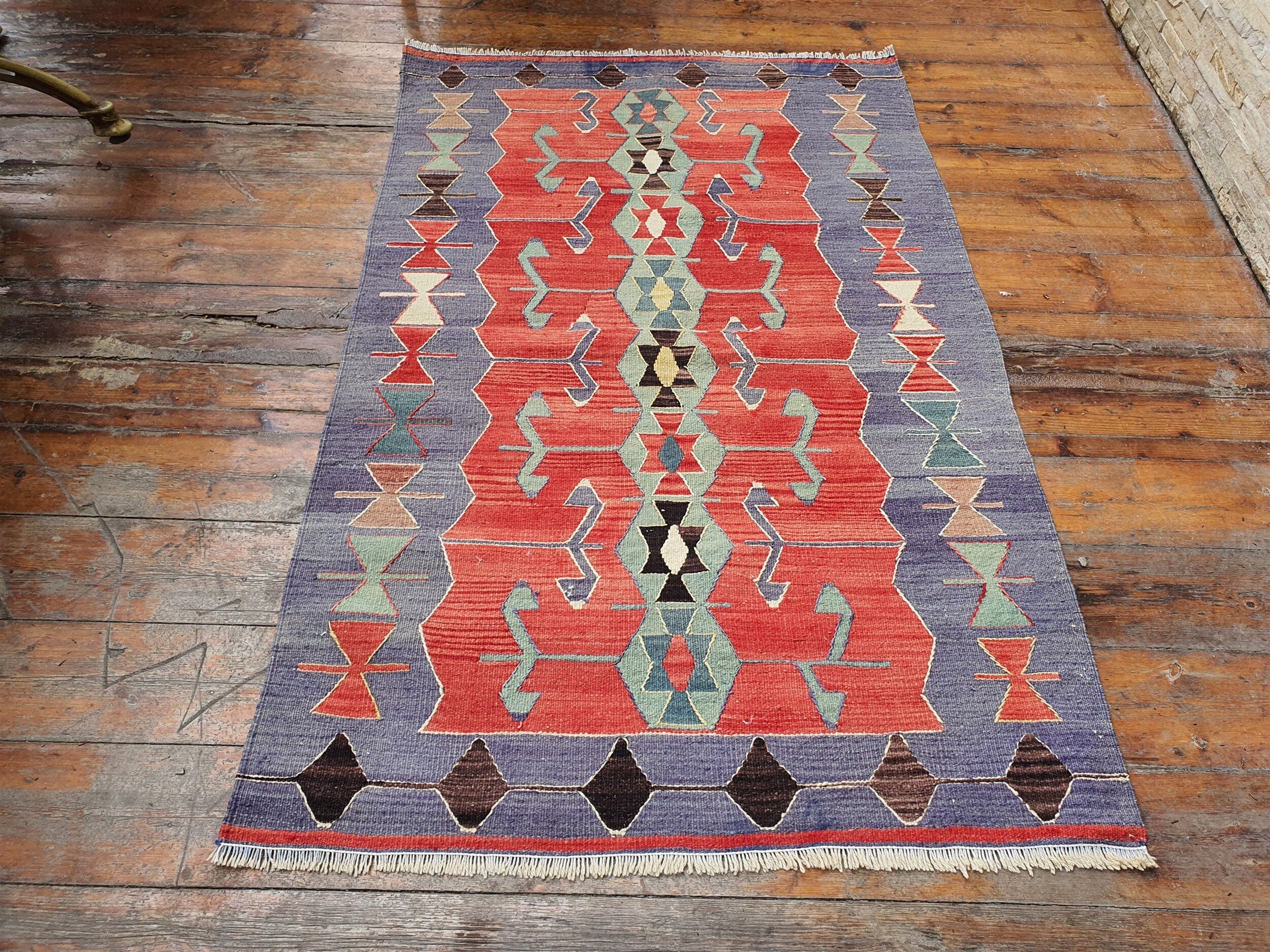 Esme Turkey Kilim 5 ft x 3 ft 1 in, Terracotta Blue and Green Turkish Prayer Rug