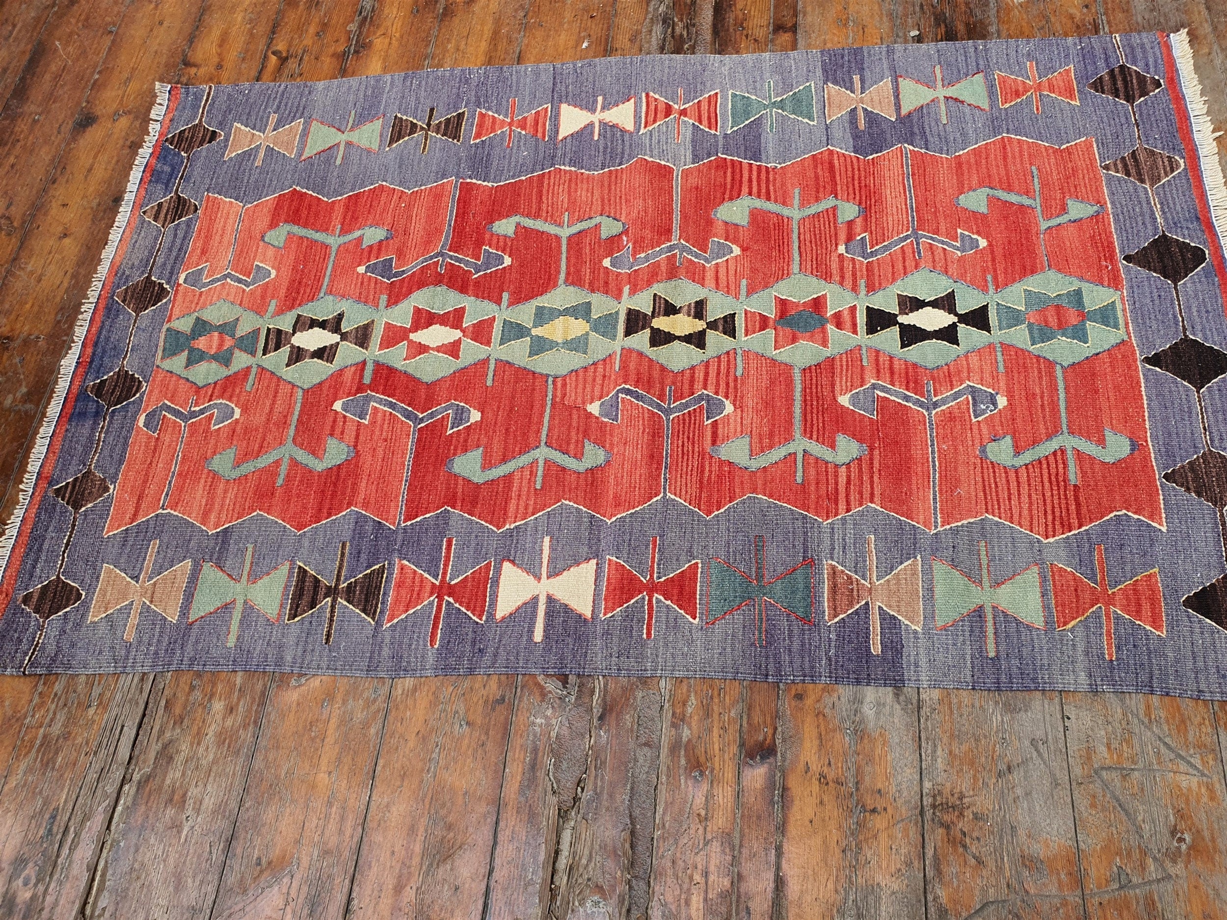 Esme Turkey Kilim 5 ft x 3 ft 1 in, Terracotta Blue and Green Turkish Prayer Rug