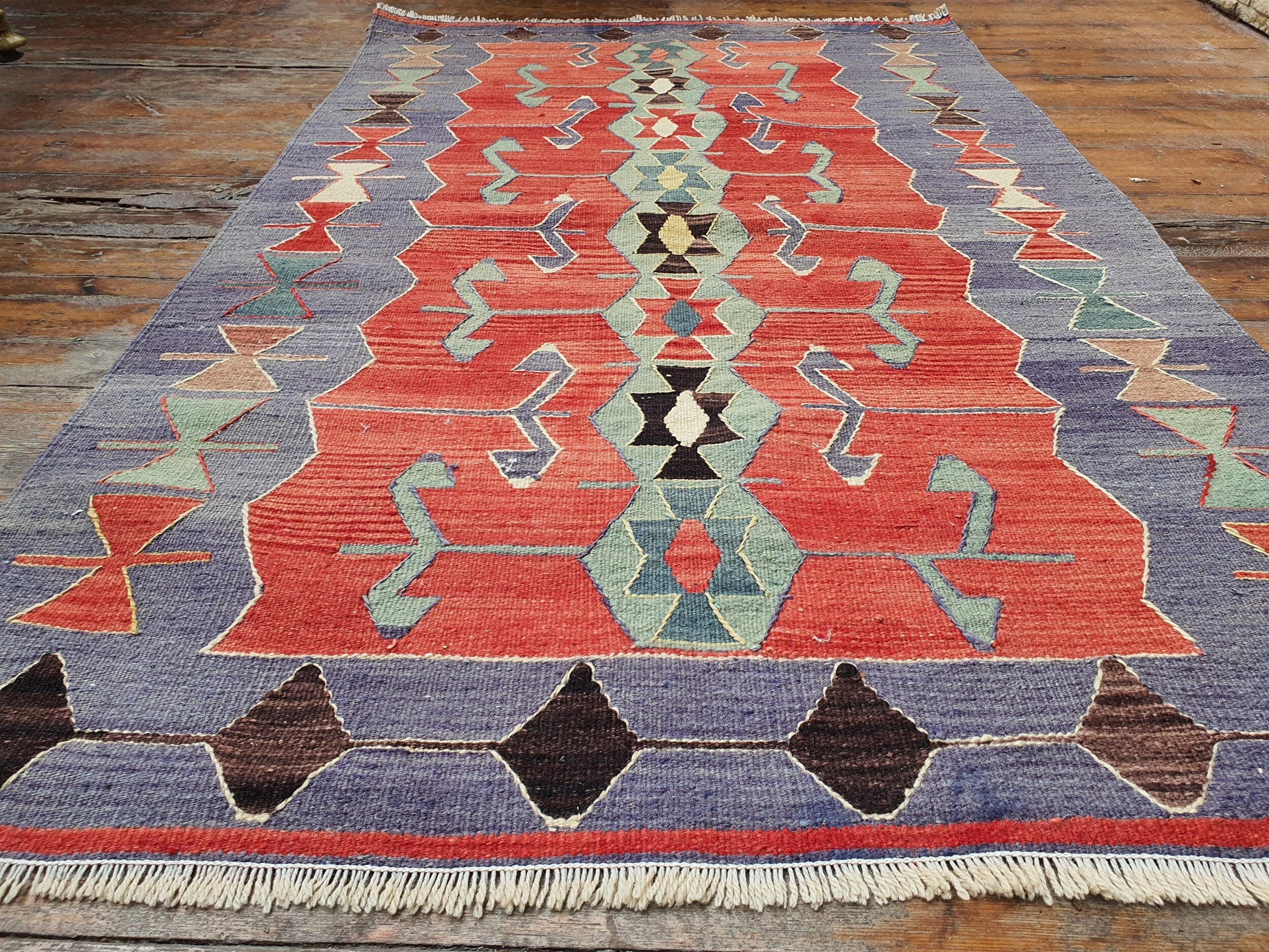 Esme Turkey Kilim 5 ft x 3 ft 1 in, Terracotta Blue and Green Turkish Prayer Rug