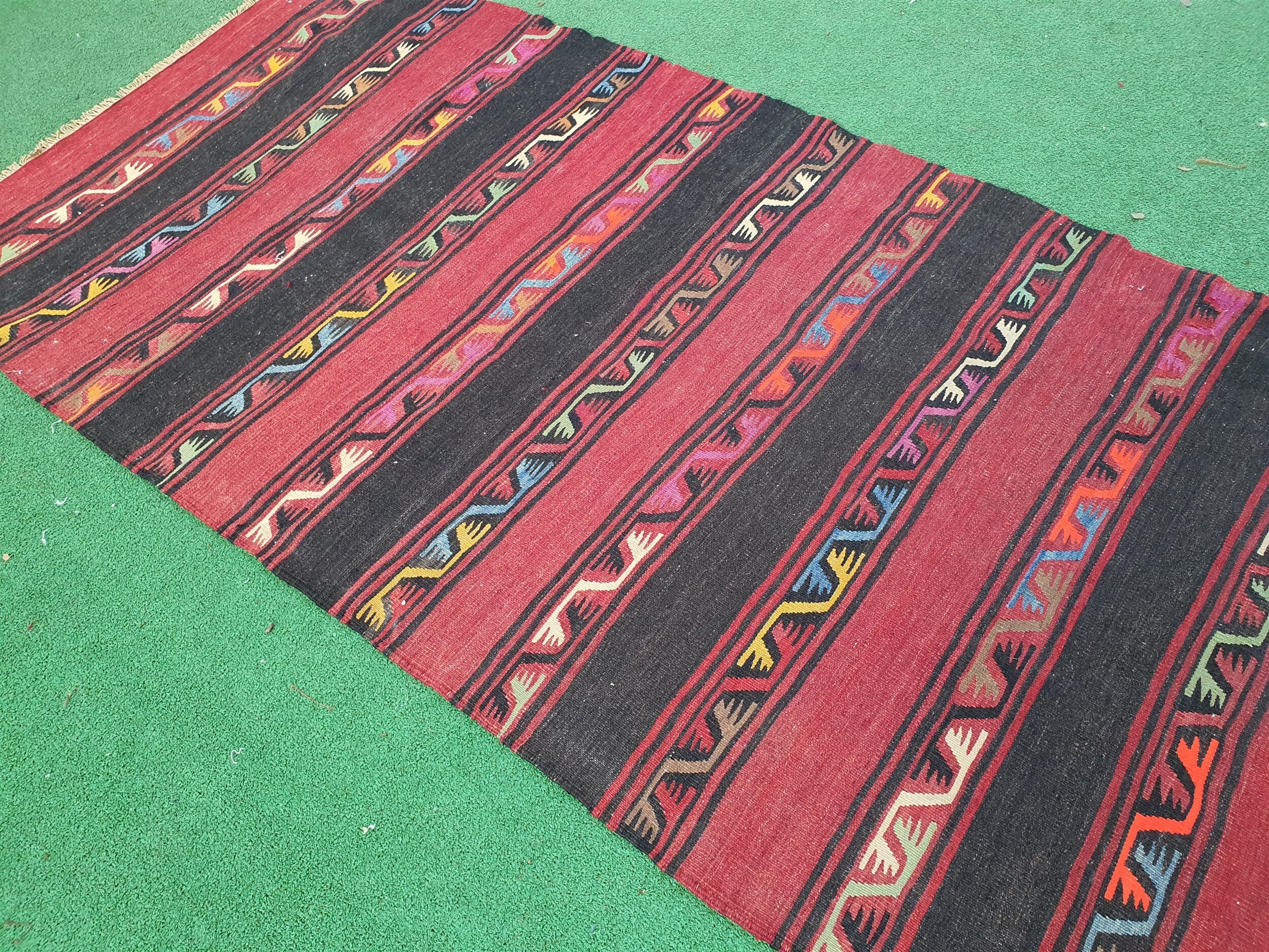 Afyon Turkey Kilim Rug, 6 ft 4 in x 3 ft 3 in, Vintage Orange and Brown Striped Kilim