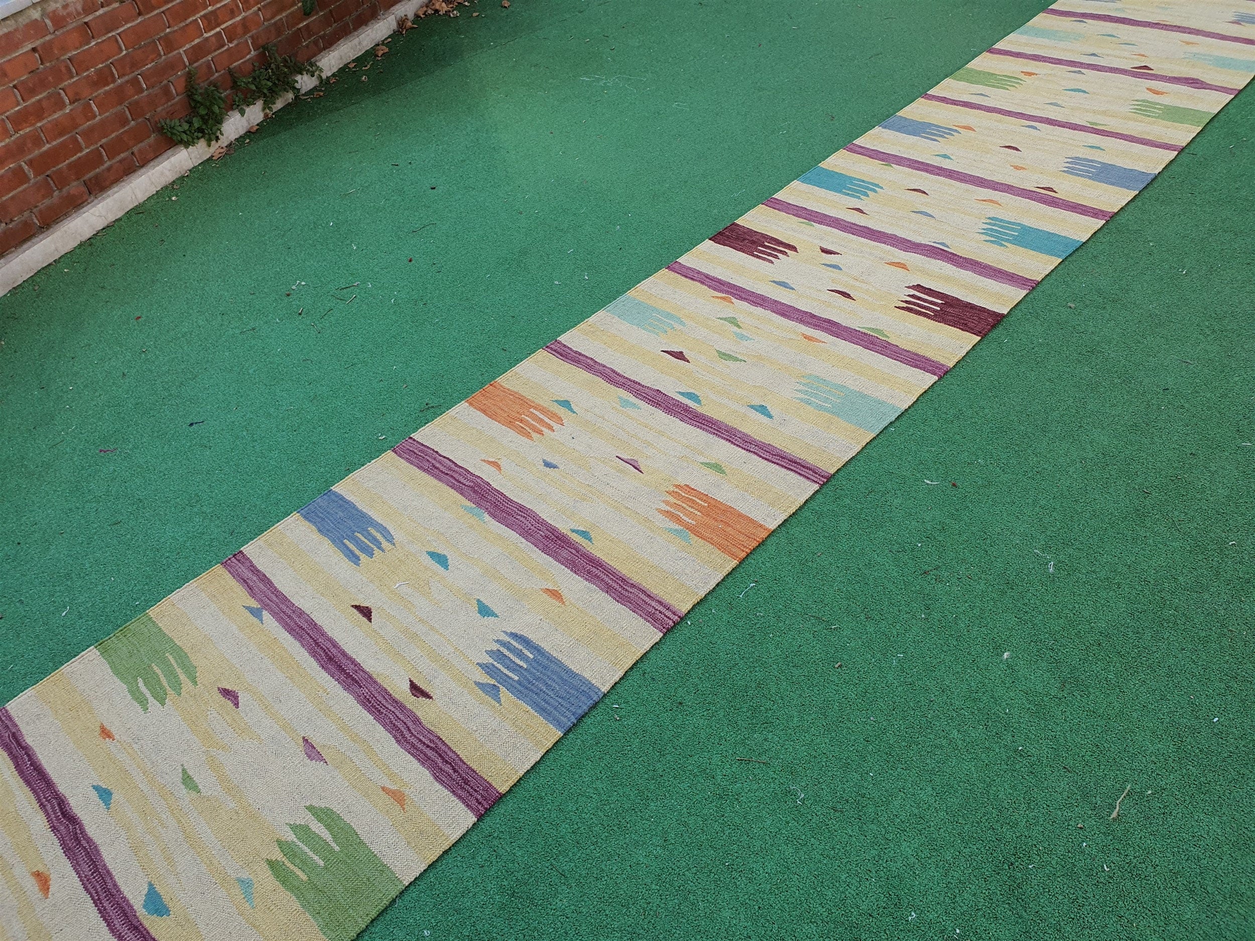 Turkish Kilim Runner Rug 15 x 2 ft Long Pale Green Grey Narrow Entryway or Hallway Passage Rug, Persian Rug for Kitchen Bedroom or Corridor