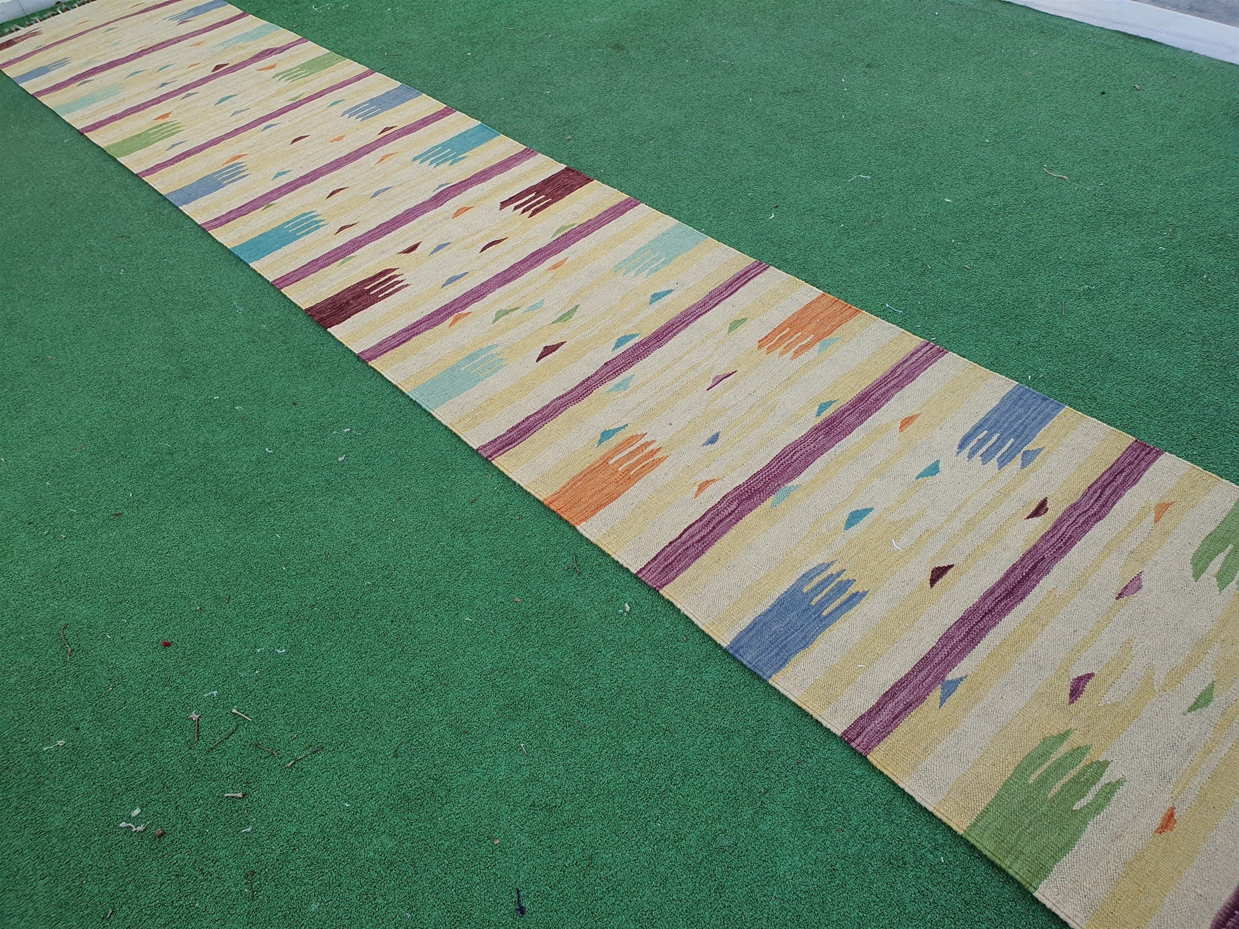 Turkish Kilim Runner Rug 15 x 2 ft Long Pale Green Grey Narrow Entryway or Hallway Passage Rug, Persian Rug for Kitchen Bedroom or Corridor
